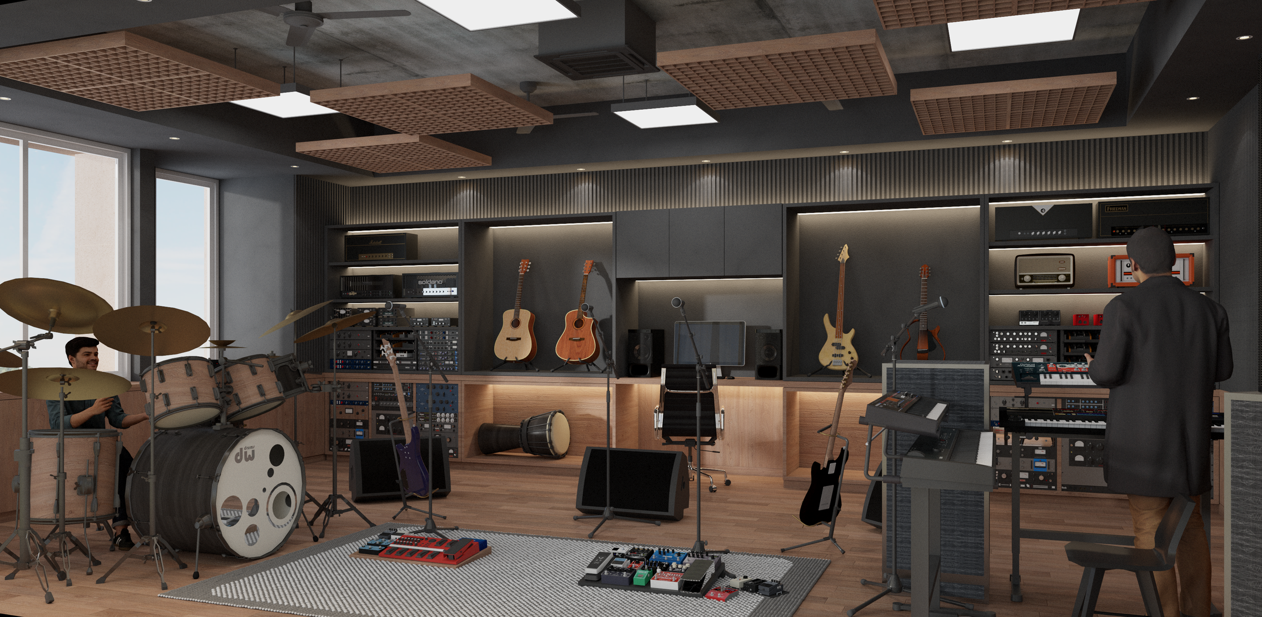 A recording studio with musical instruments on display and a person operating music production equipment. A drum set and several acoustic guitars are visible, along with various electronic gear and a person in the background playing drums.