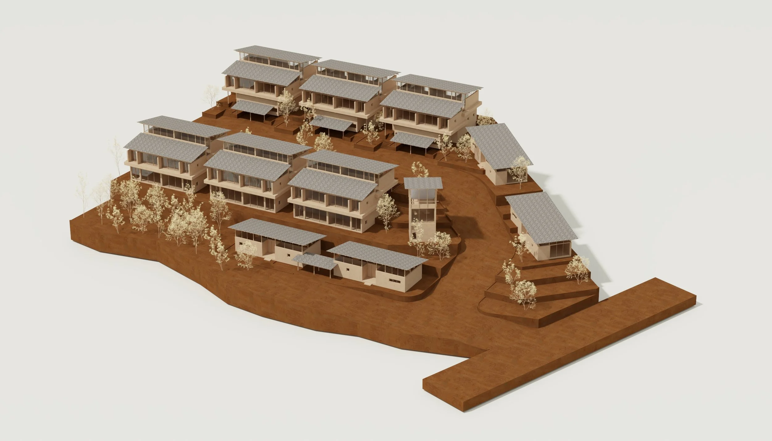 Architectural rendering of a multi-level residential complex with trees and pathways on a sloped terrain.