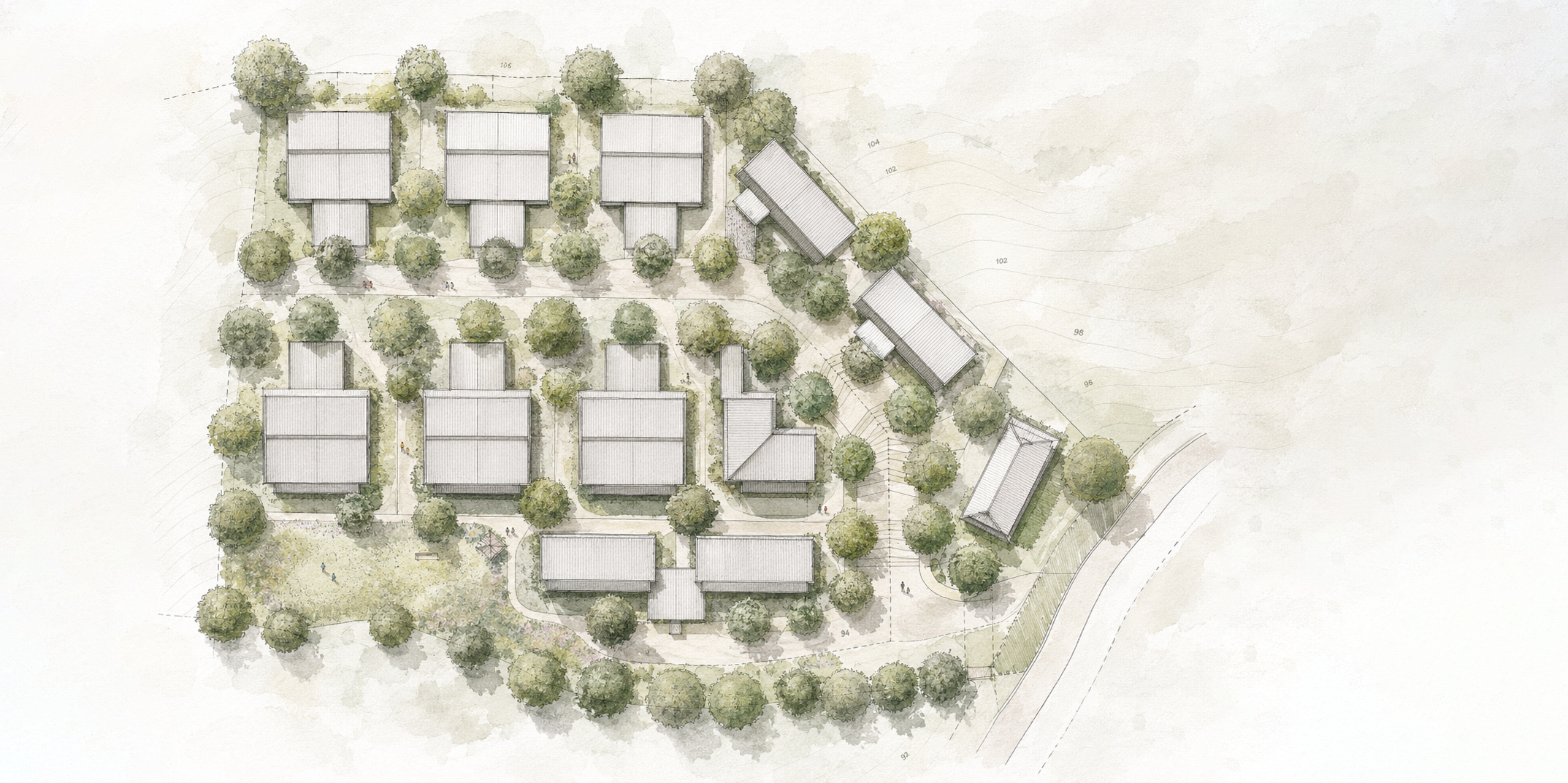 A top-down illustration of a residential or resort complex with multiple buildings, roads, and lots of trees for landscaping.