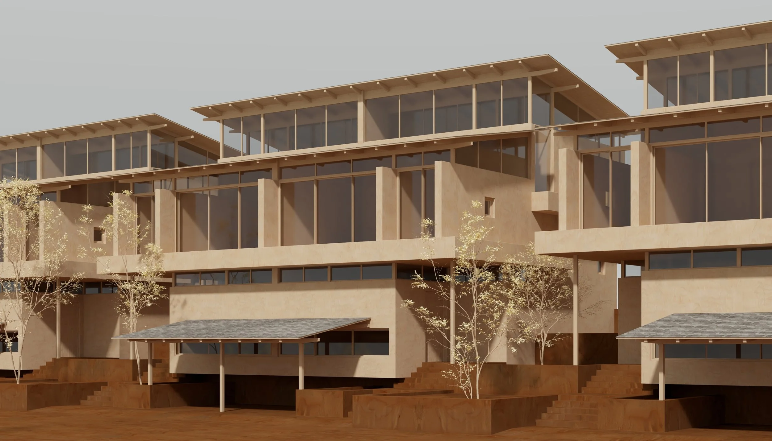 A modern multi-story building under construction with exposed wooden framework and large glass windows, surrounded by small trees.