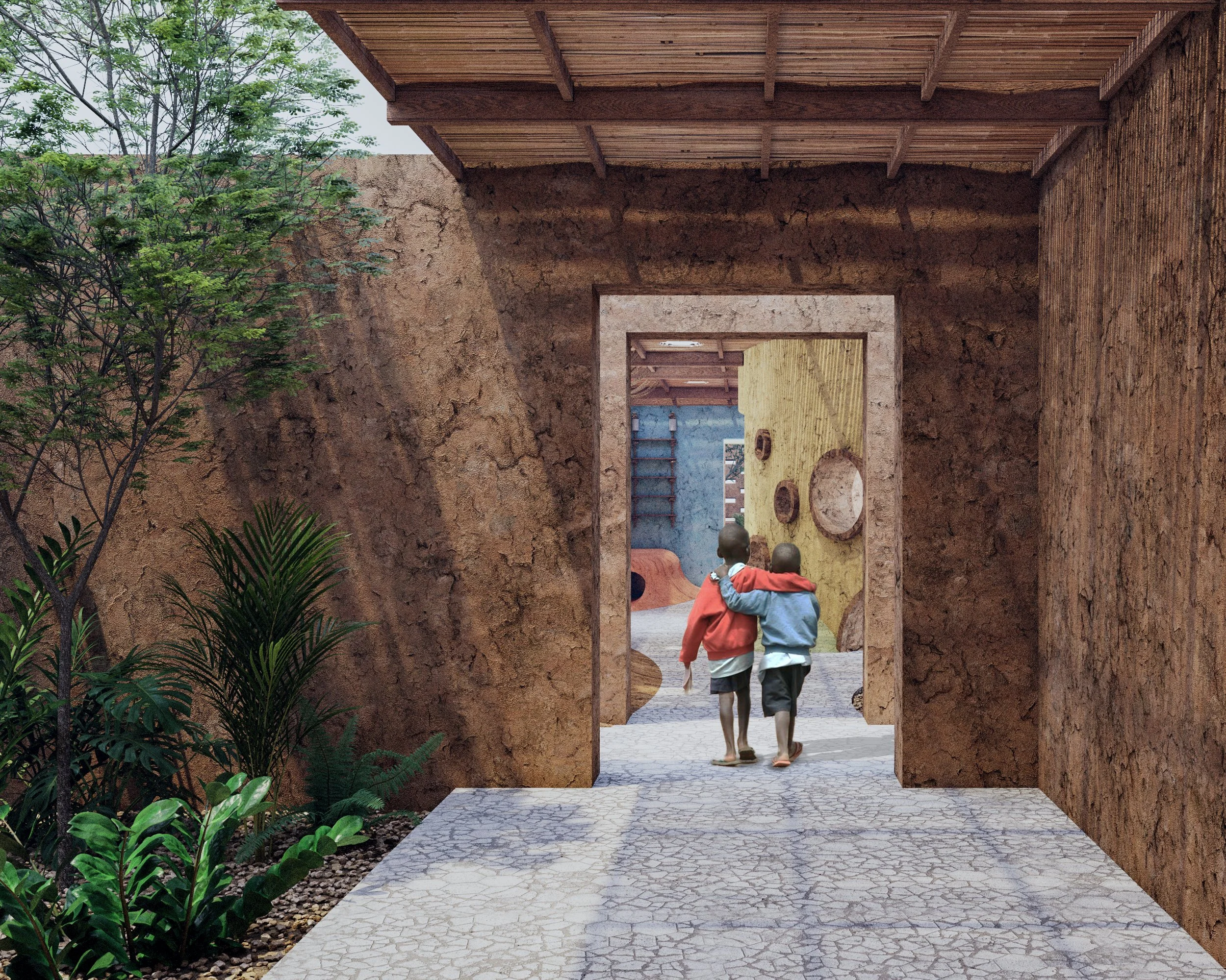 Two children walk arm-in-arm through a courtyard with rustic walls and large doorways, surrounded by greenery and trees under a wooden roof.
