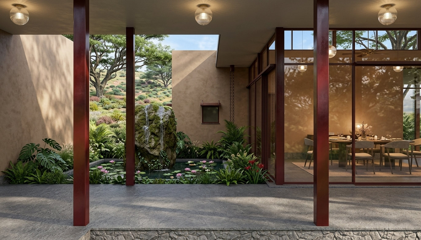 Indoor dining area with glass walls, a fountain with rocks and water lilies, and an outdoor garden with trees and shrubs visible through the openings.