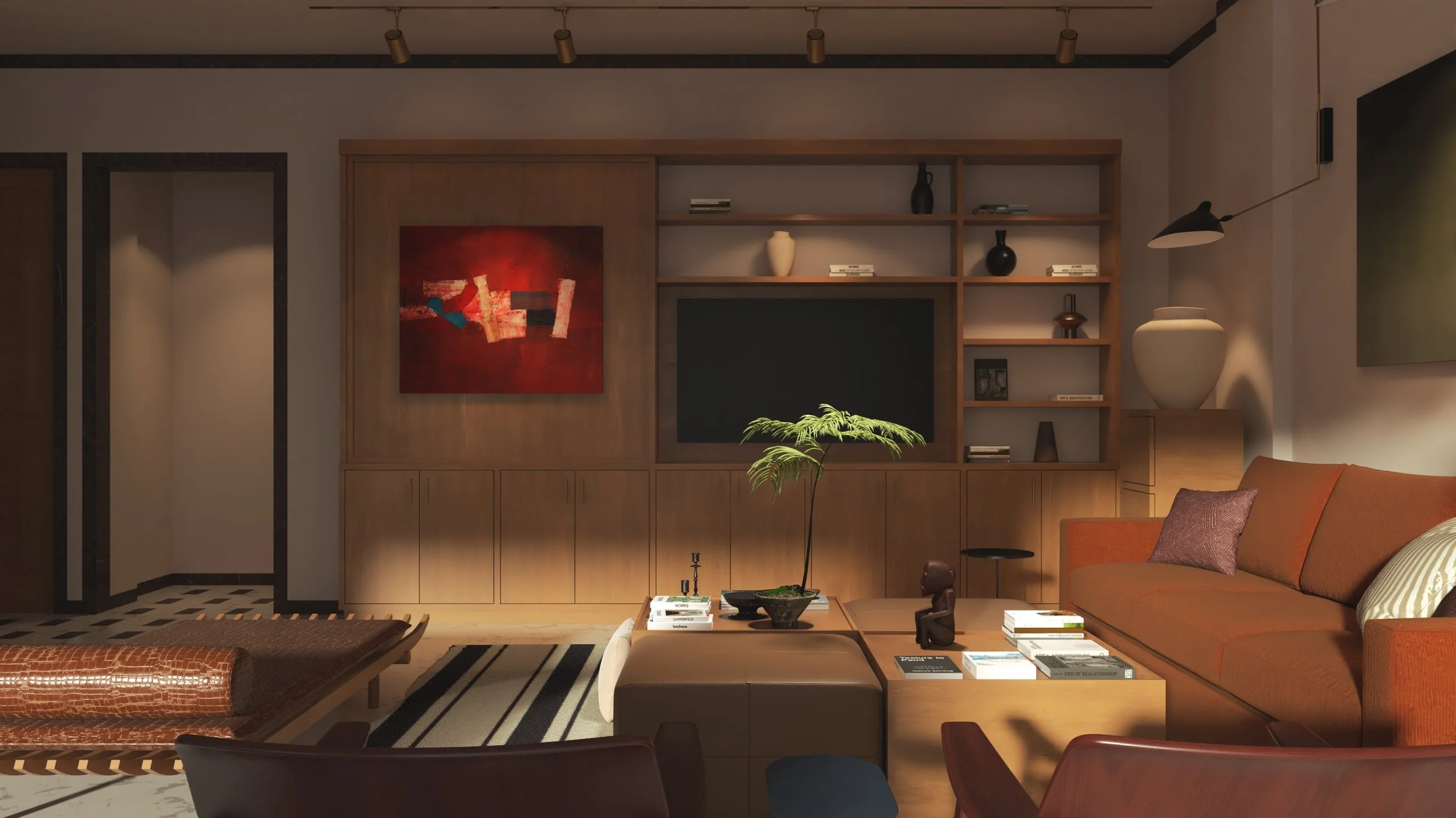 Living room with wooden cabinetry, a black TV, books, vases, a plant, and seating with pillows.
