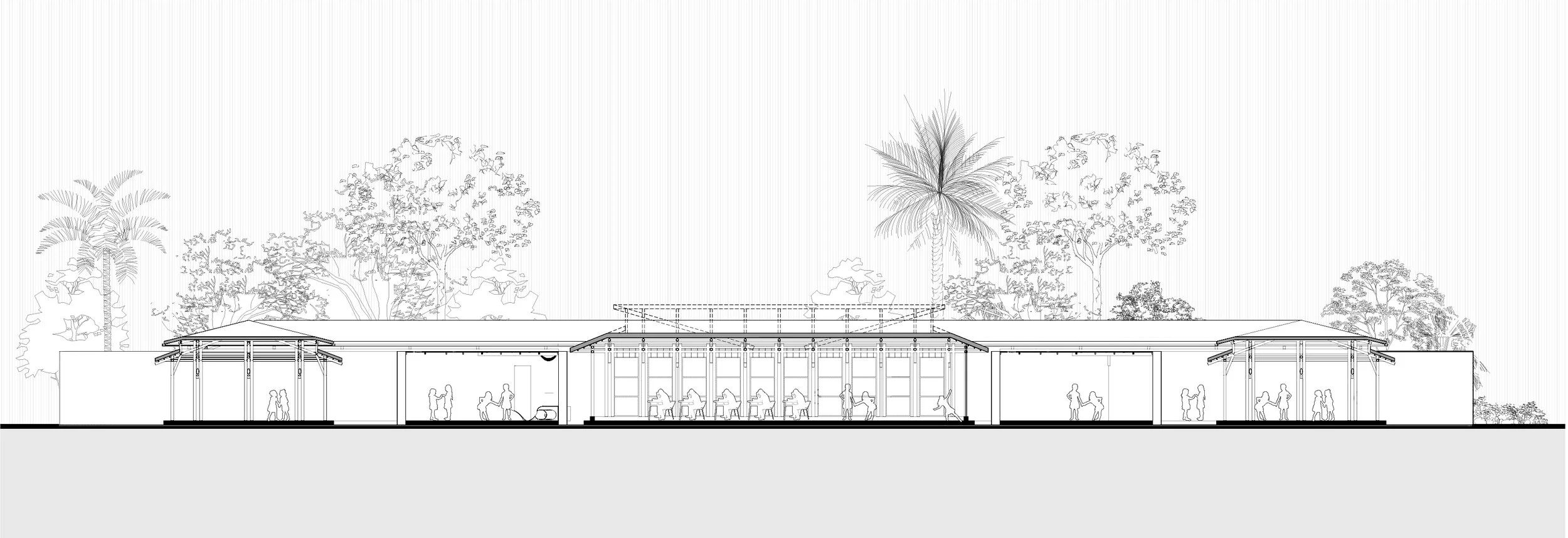 Architectural blueprint of a single-story building with multiple entrances, surrounded by trees and landscaping.