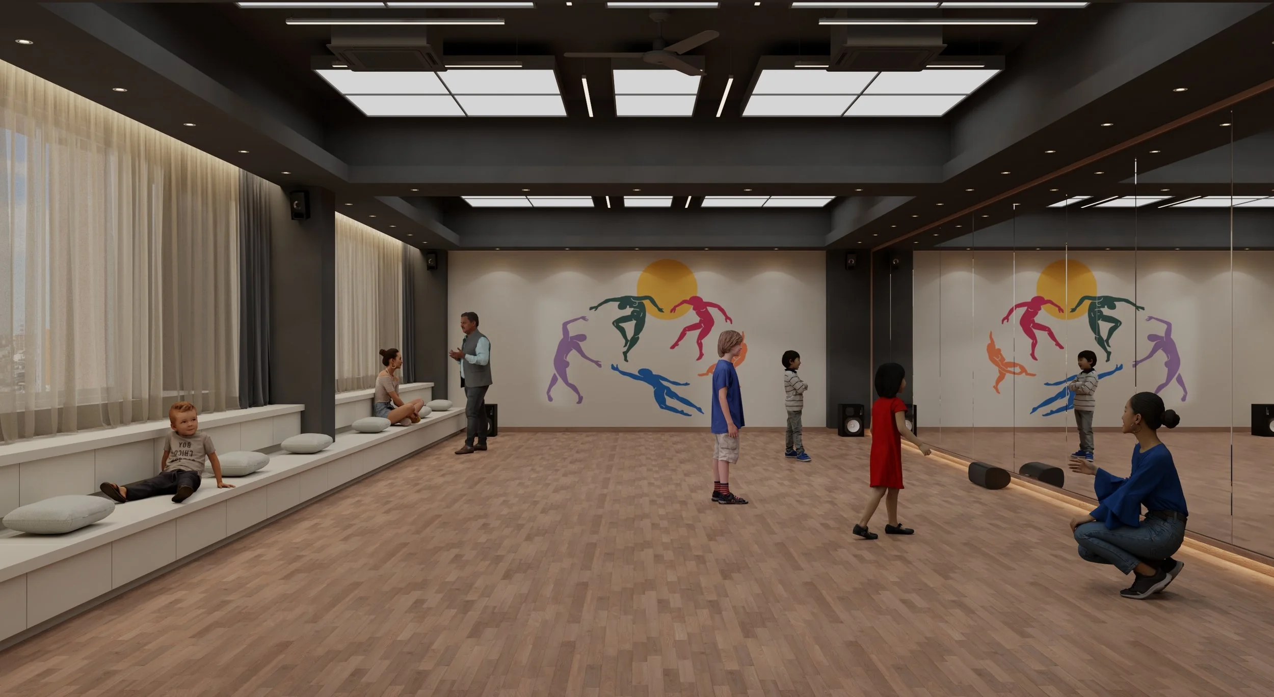 A dance studio with a wooden floor, large mirror, and wall mural of colorful dancing figures and a yellow sun. Children and adults are practicing dance moves and talking.