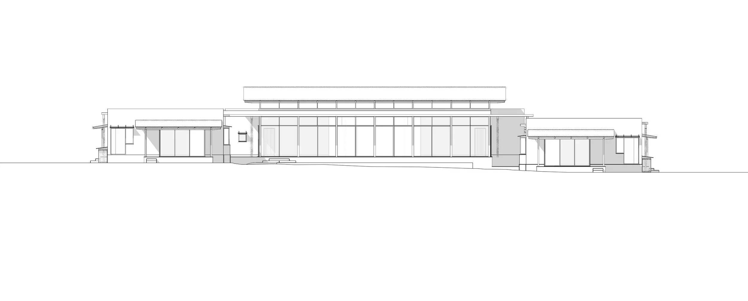A detailed architectural line drawing of a modern building, showing a central large glass section with sides that include smaller rooms and overhanging roofs.