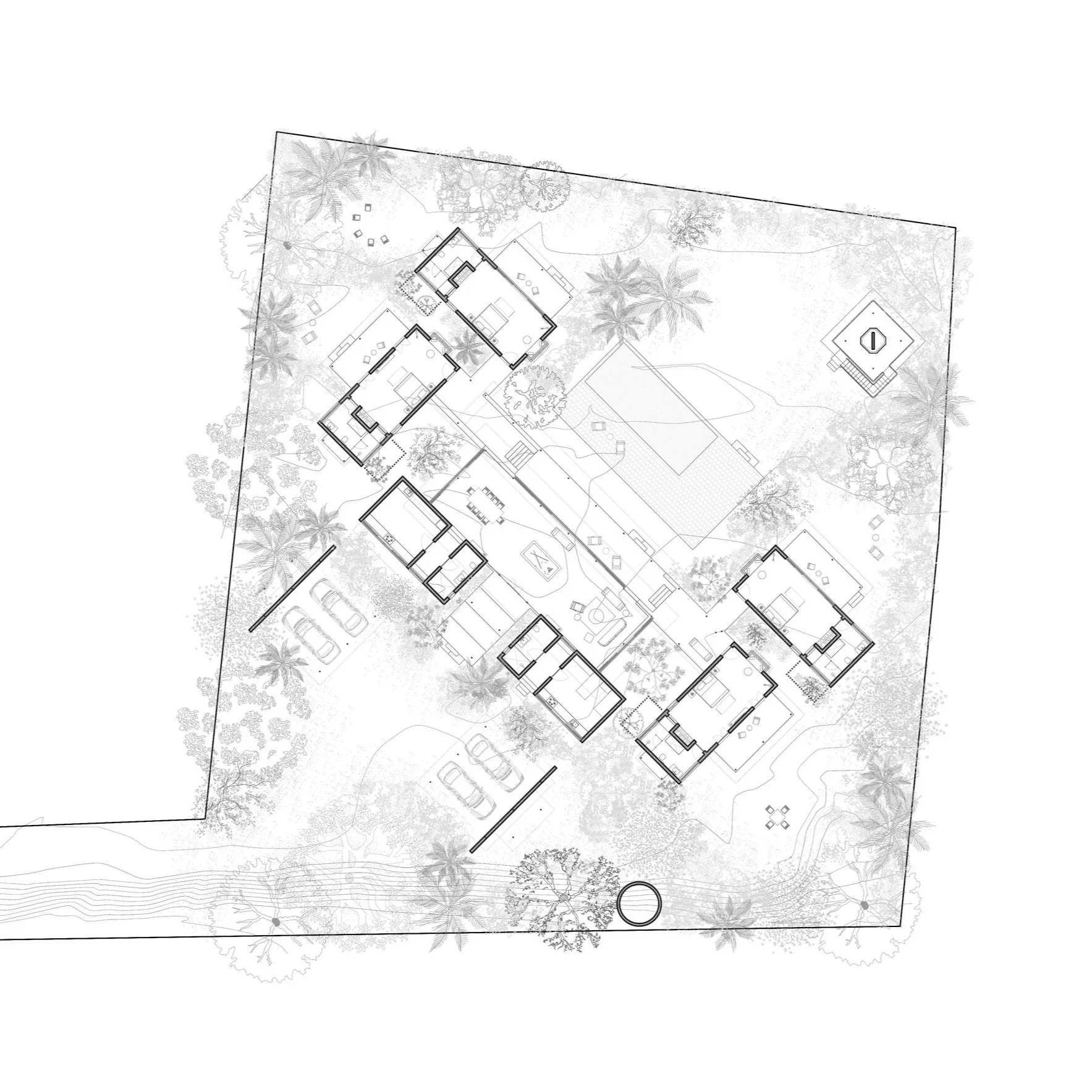 A detailed architectural landscape plan showing multiple buildings, pathways, trees, and outdoor features.