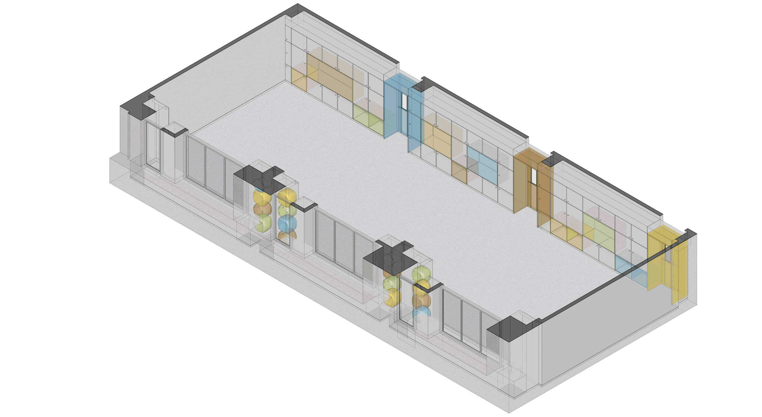 3D architectural floor plan of a modern open-concept office or living space with transparent walls, colorful furniture, and various enclosed rooms.