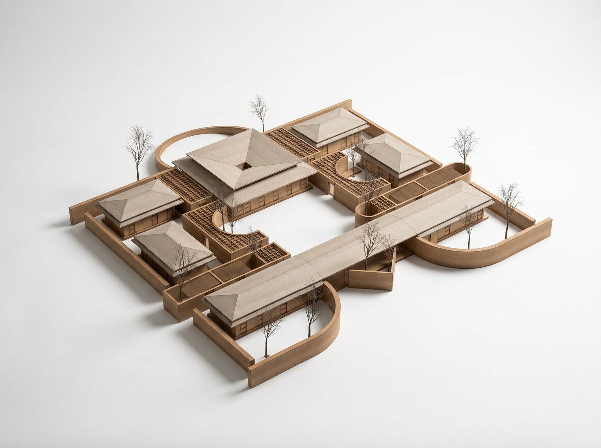 Architectural model of a modern building complex with multiple connected structures, courtyards, and landscaping, all surrounded by a wooden fence.