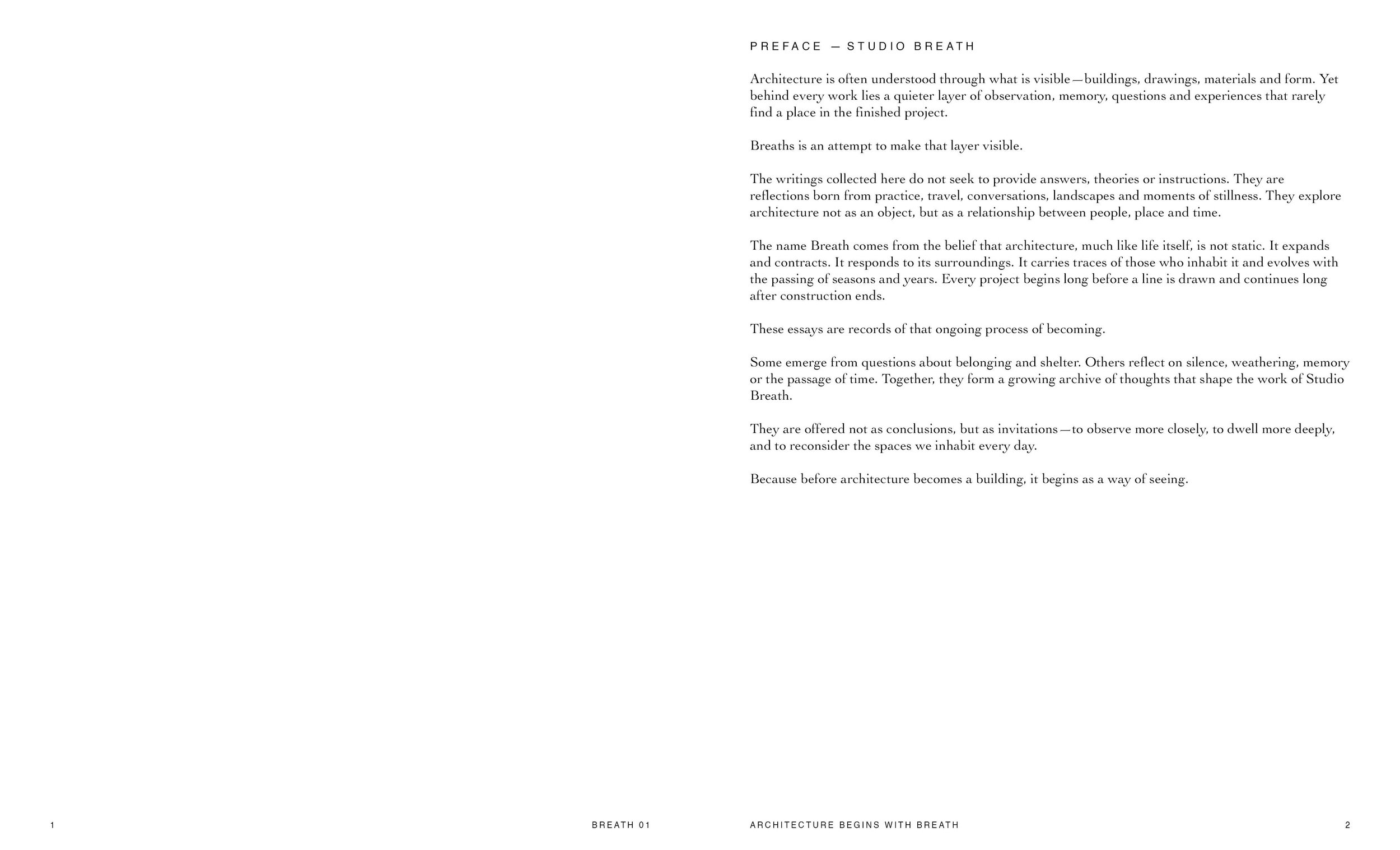 A page from a book or magazine with the title 'PREFACE - STUDIO BREATH.' The text discusses architecture as a reflection of memory, questions, and experiences, emphasizing the importance of breath and observation in architectural practice.