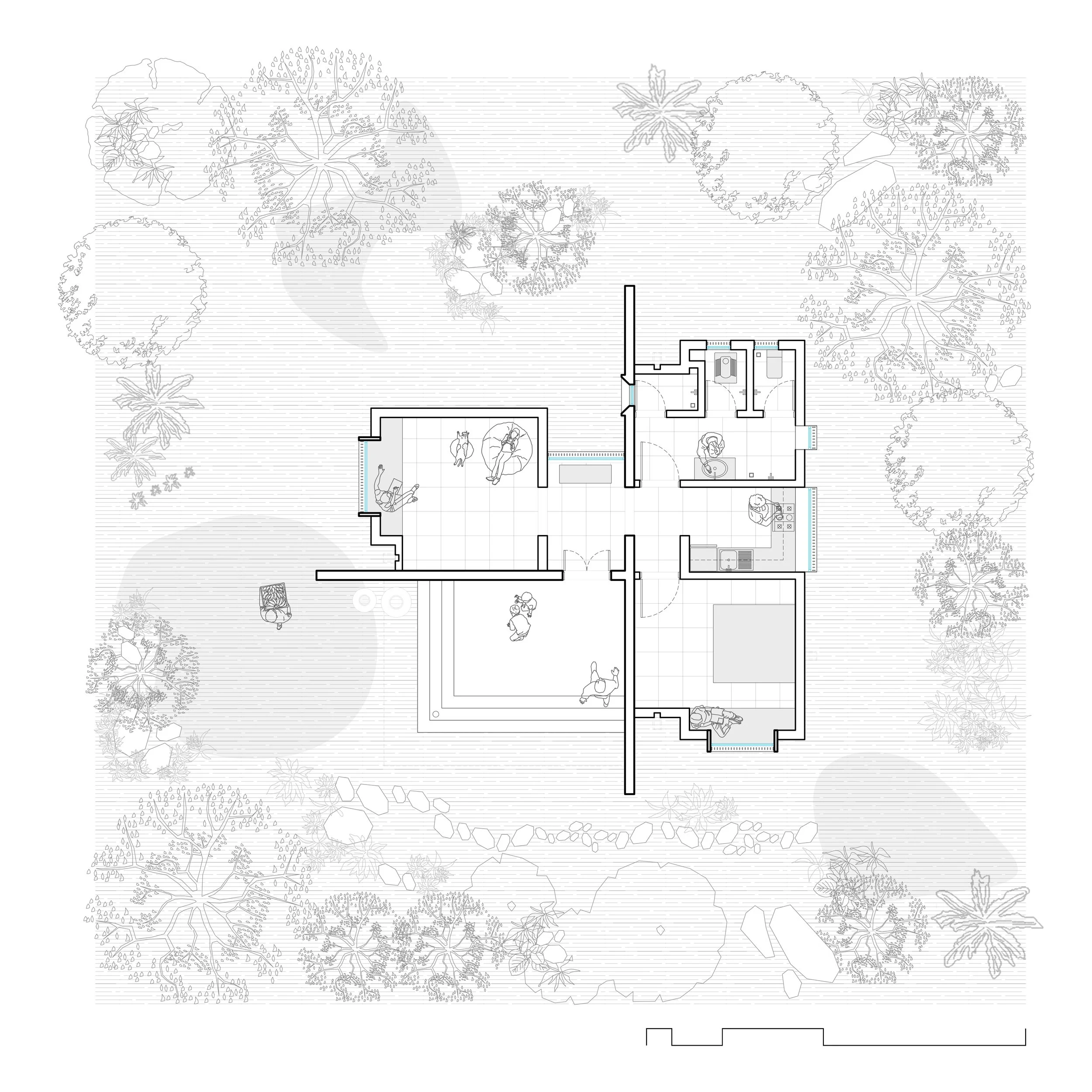 Architectural floor plan of a house surrounded by landscaped yard with trees and plants.