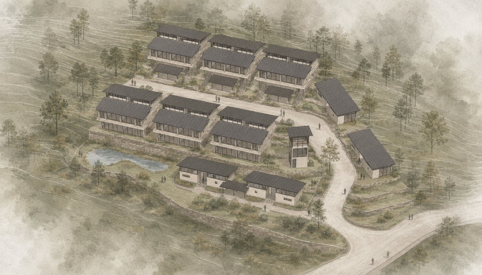 An architectural rendering of a hillside housing complex with multiple modern houses, roads, trees, a small pond, and a central tower, surrounded by mist and trees.