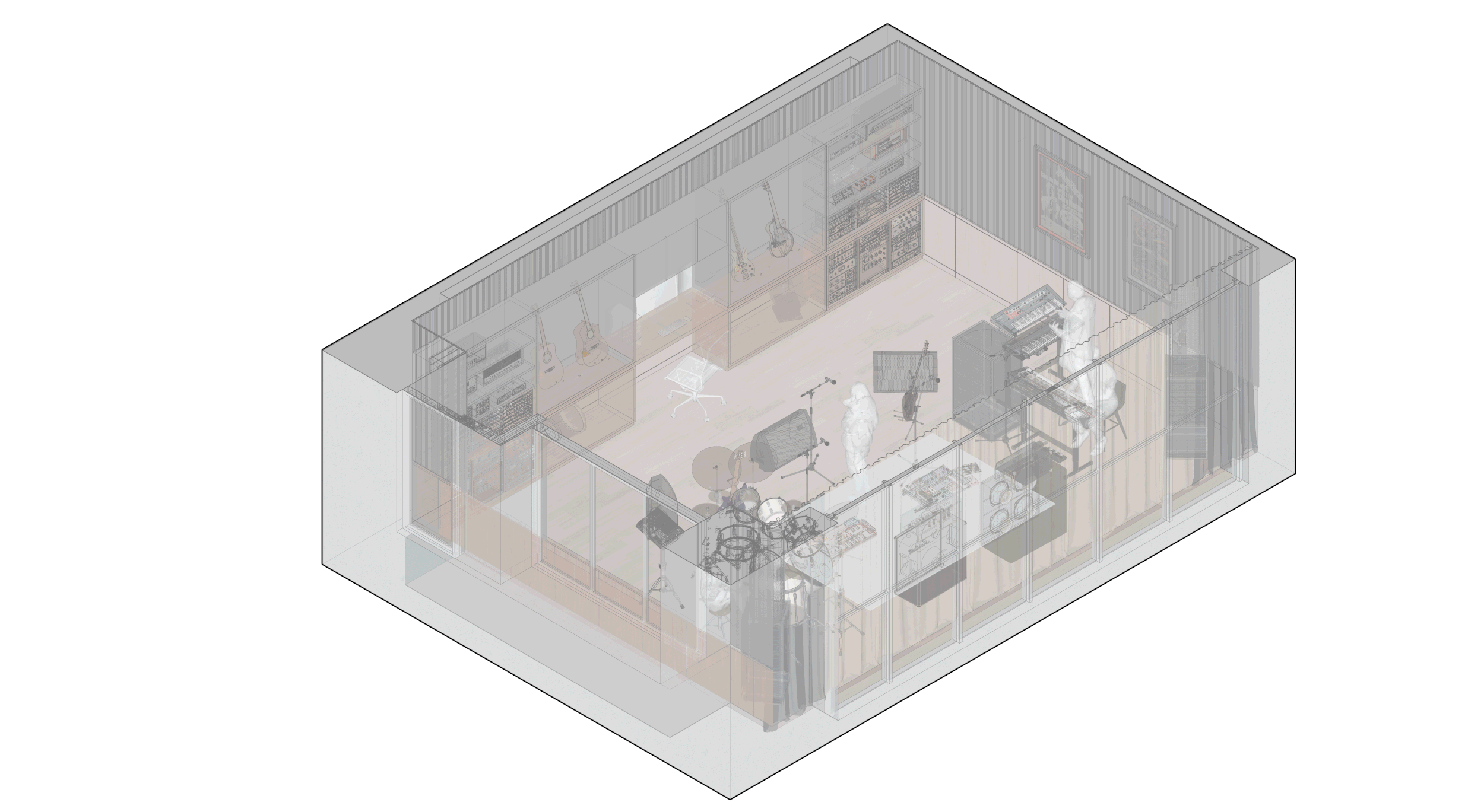 A transparent 3D rendering of a music recording studio with musical instruments, sound equipment, and musicians practicing.
