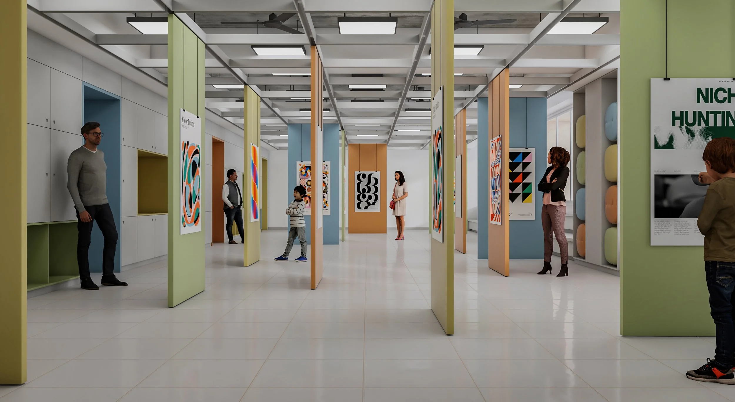People viewing colorful abstract art pieces in an art gallery with framed artworks hanging on multicolored pillars and white walls.