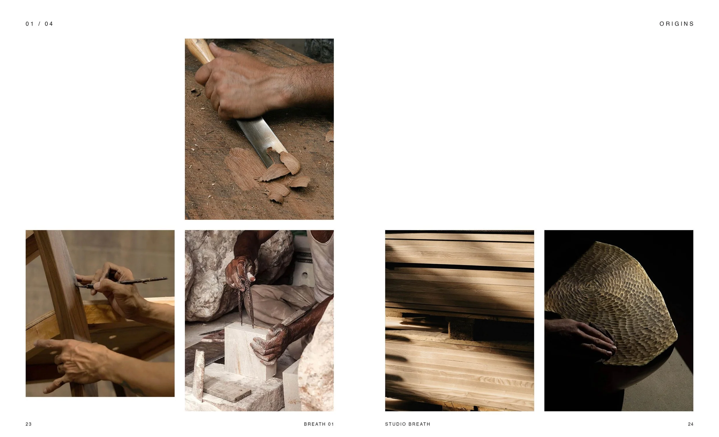 Collection of images depicting woodworking, stone carving, sculpture, and crafting with natural materials.