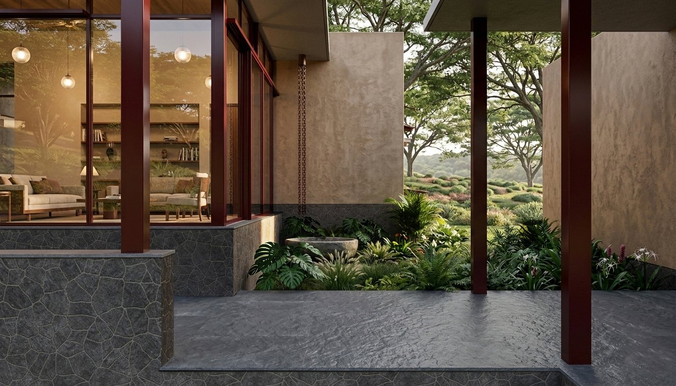 Modern home interior with large glass windows, beige walls, and a garden view featuring lush green plants, trees, and outdoor landscape. Inside, there are sofas, lamps, and a bookshelf visible through the windows.