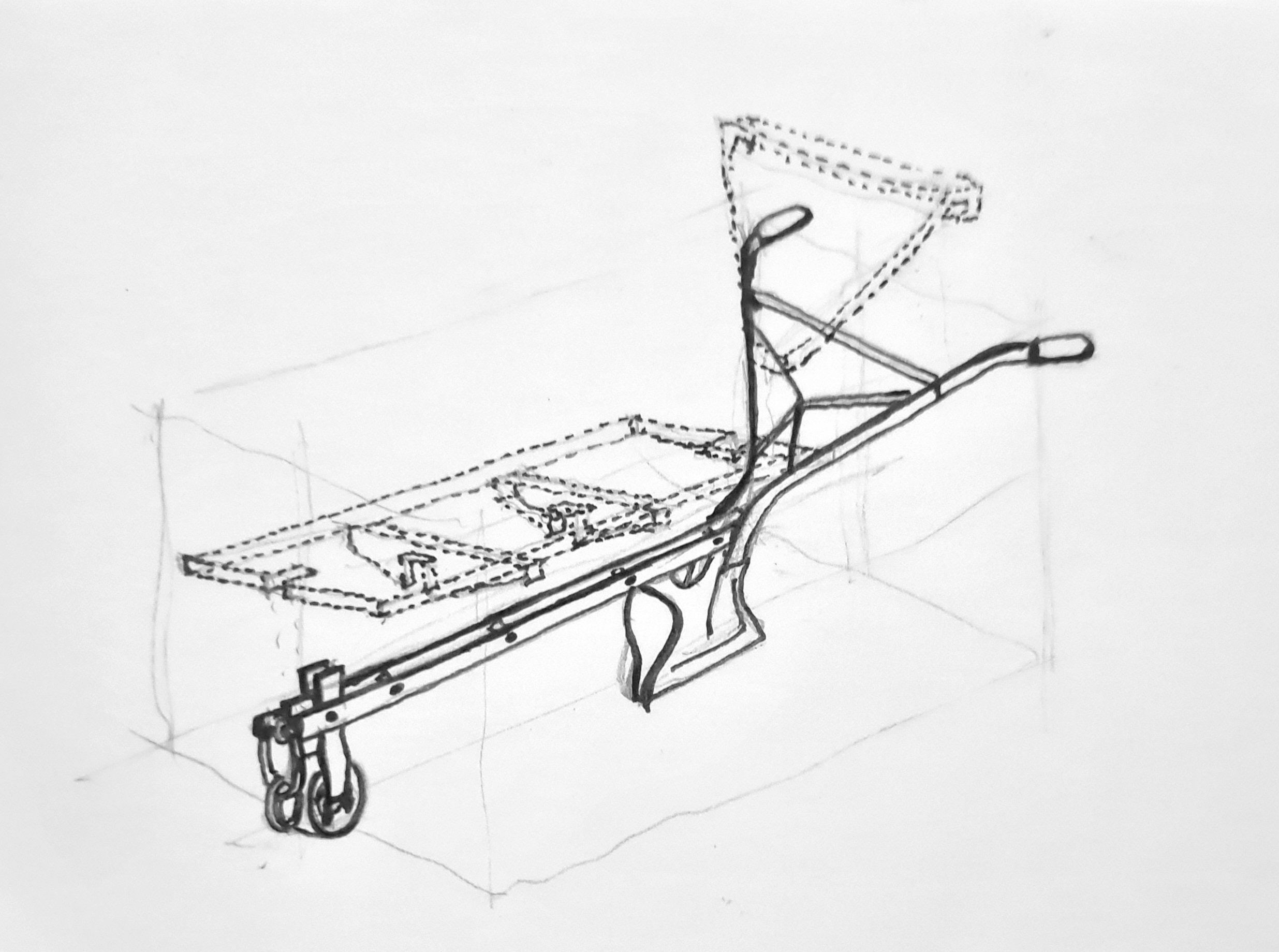 Sketch of a hockey sled with a basket and a handle, positioned on a table with grid paper.