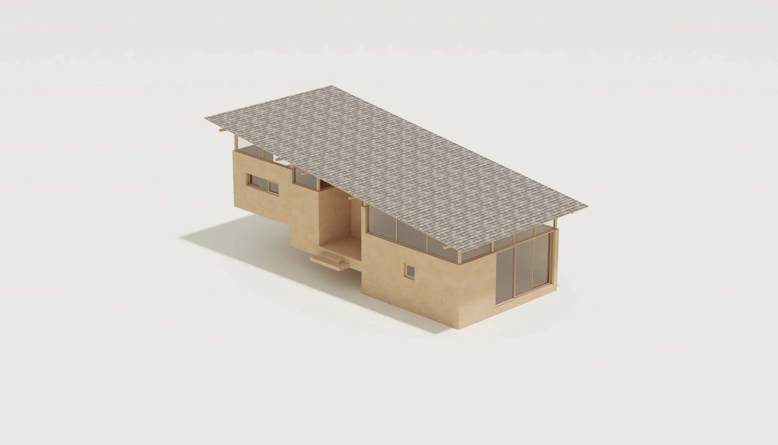 3D model of a modern house with a flat roof, beige walls, and large windows, shown from an angled top view.