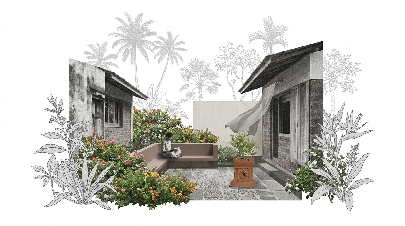 A digitally illustrated scene of a backyard with two small houses or sheds, surrounded by tropical plants and flowers. There is a girl sitting on a beige L-shaped bench reading a book, with palm trees in the background. The scene combines realistic elements with sketch-like outlines of plants.
