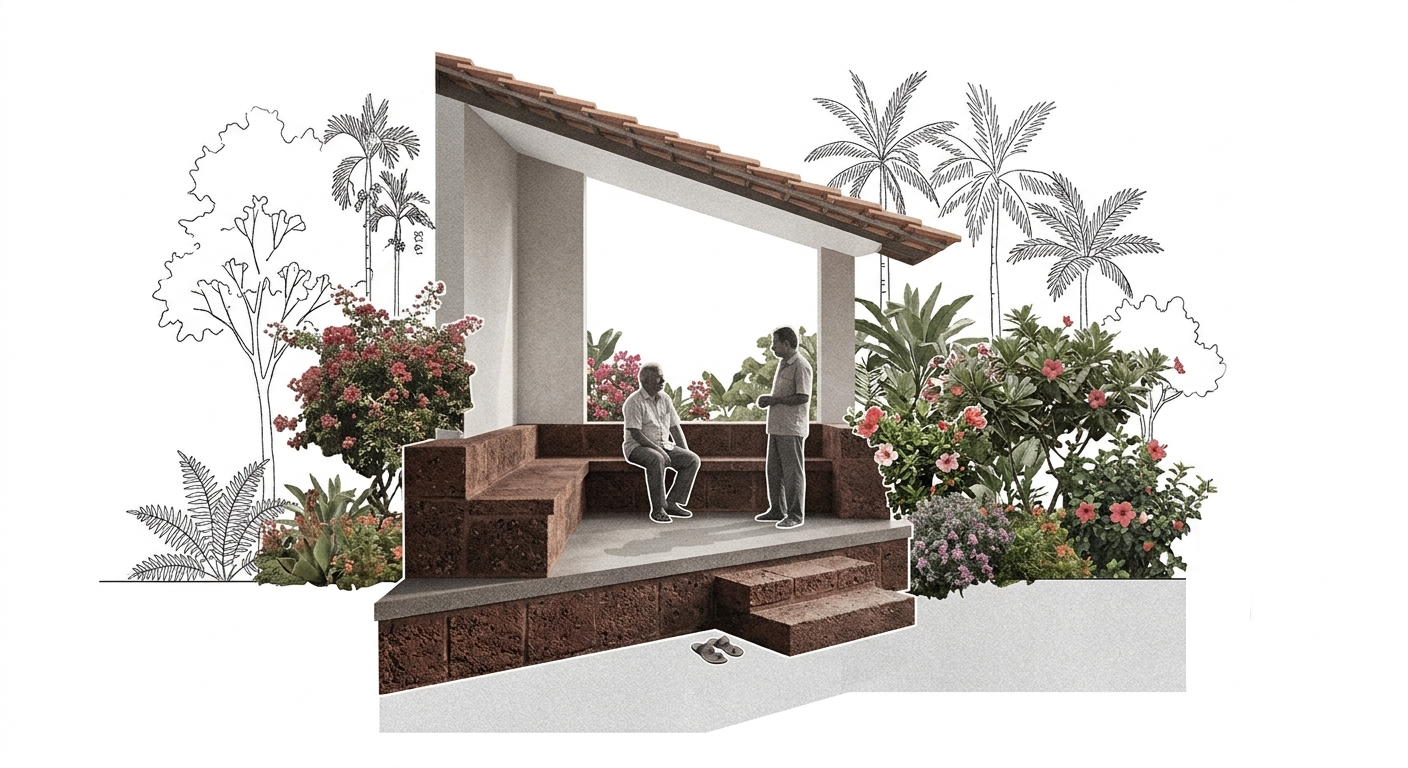 An outdoor patio area with a thatched roof, built-in brick seating, and surrounded by lush tropical plants and palm trees. Two people are having a conversation, one sitting on the seat and the other standing. A pair of sandals is on the ground near the steps.