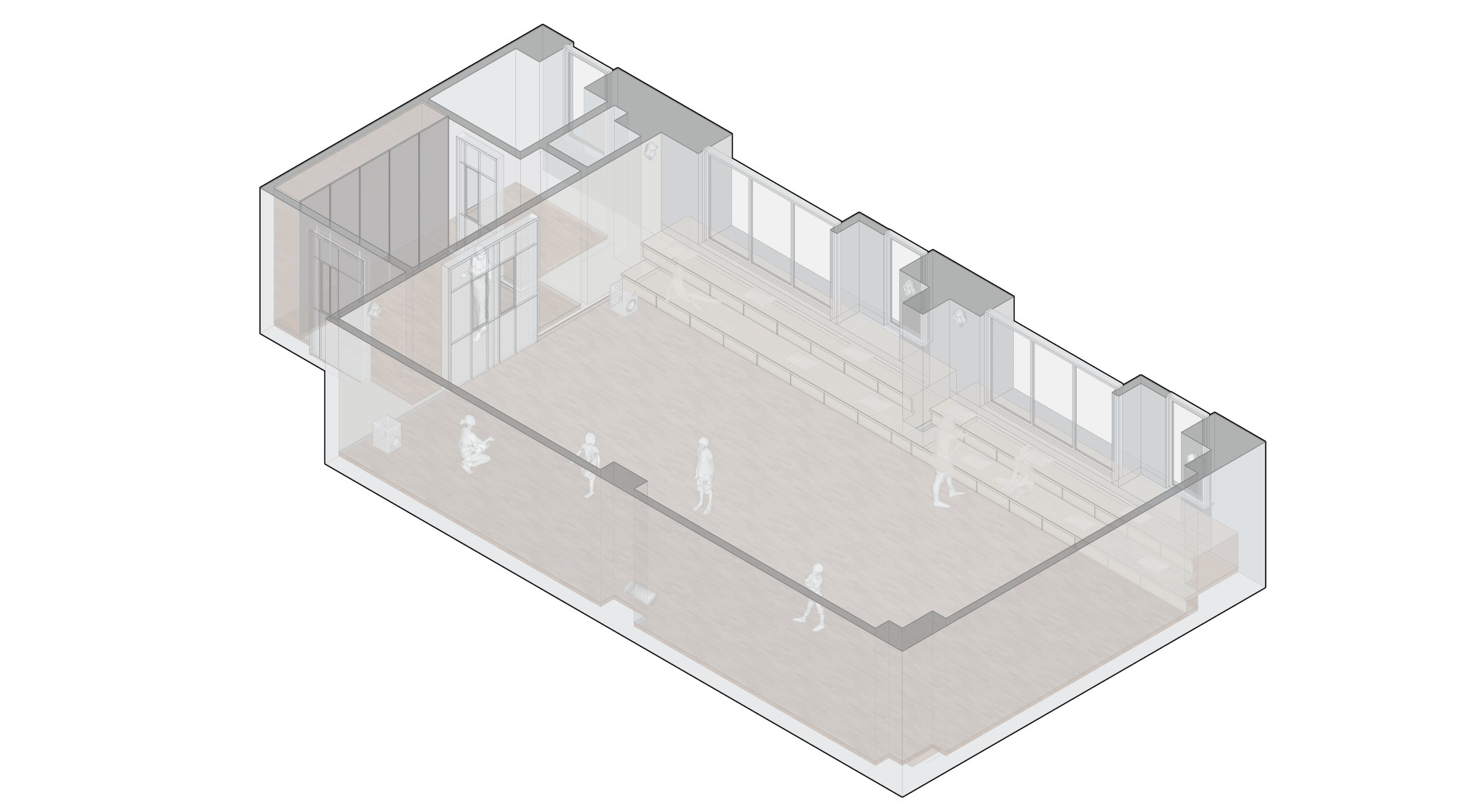 A 3D rendered floor plan of a modern interior space, showing an open room with people walking, sitting, and engaging in various activities.