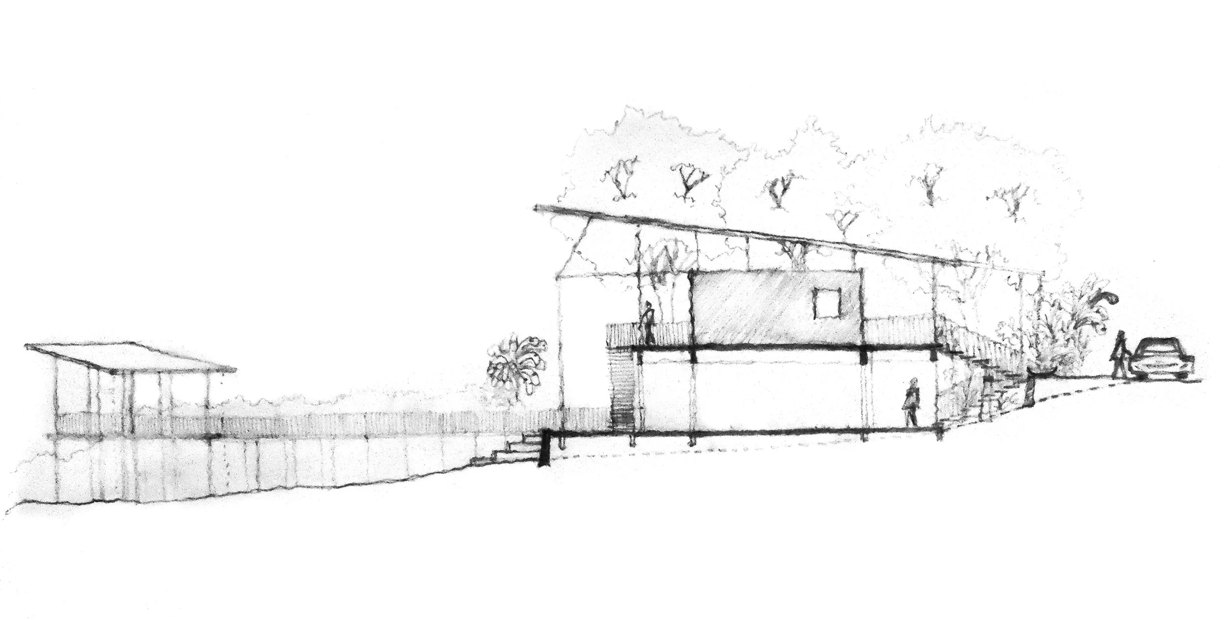 Sketch of a modern house on a sloped terrain with trees and a car parked nearby, featuring multiple levels, stairs, and outdoor structures.