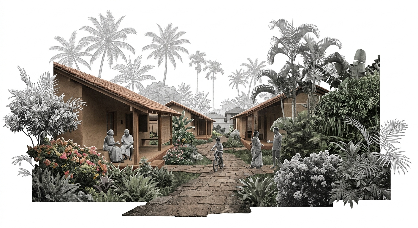 Illustration of a village scene with small houses, lush tropical plants, and people walking and sitting on porches, with palm trees in the background.