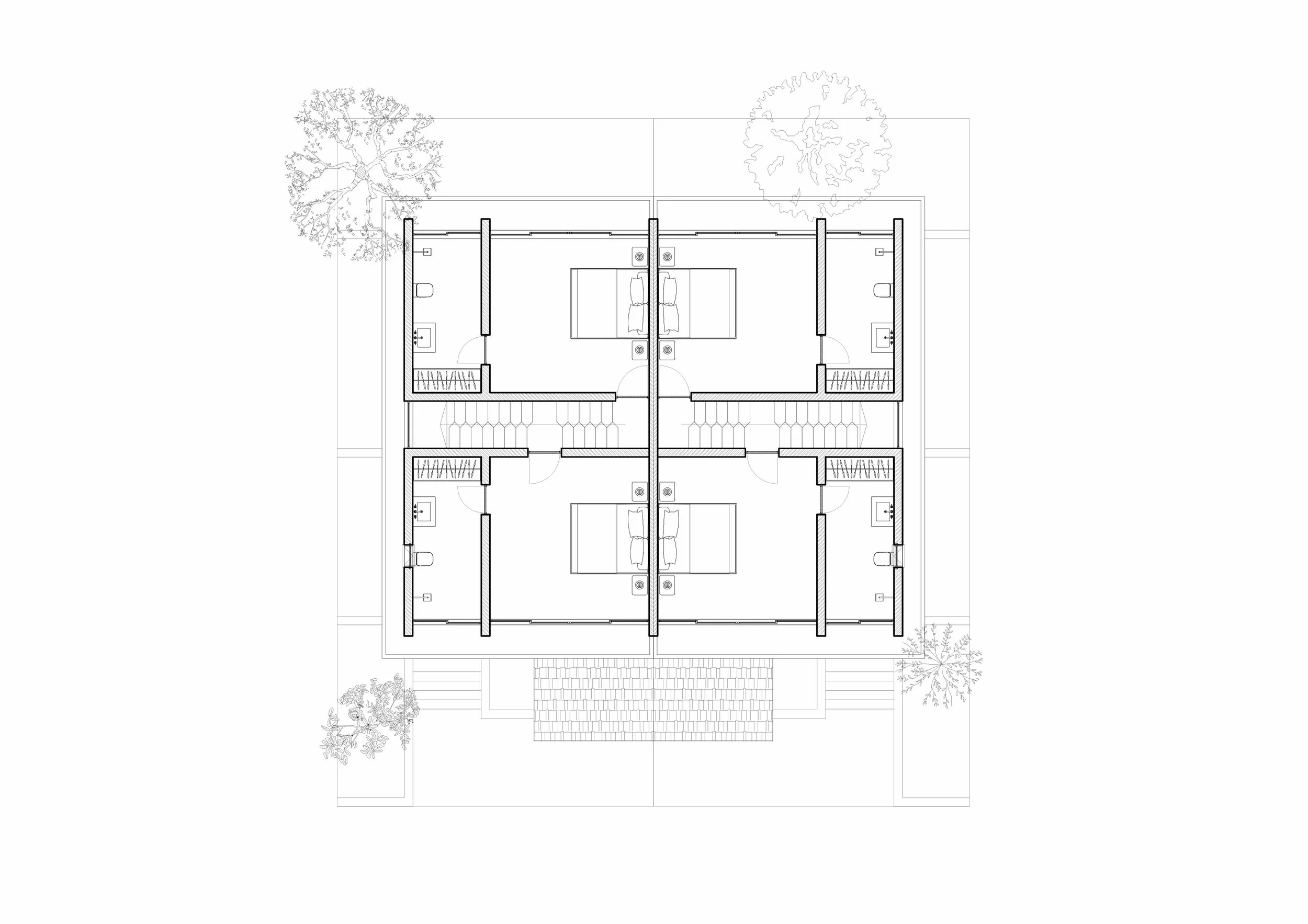 Architectural floor plan of a residential building with trees surrounding the property.