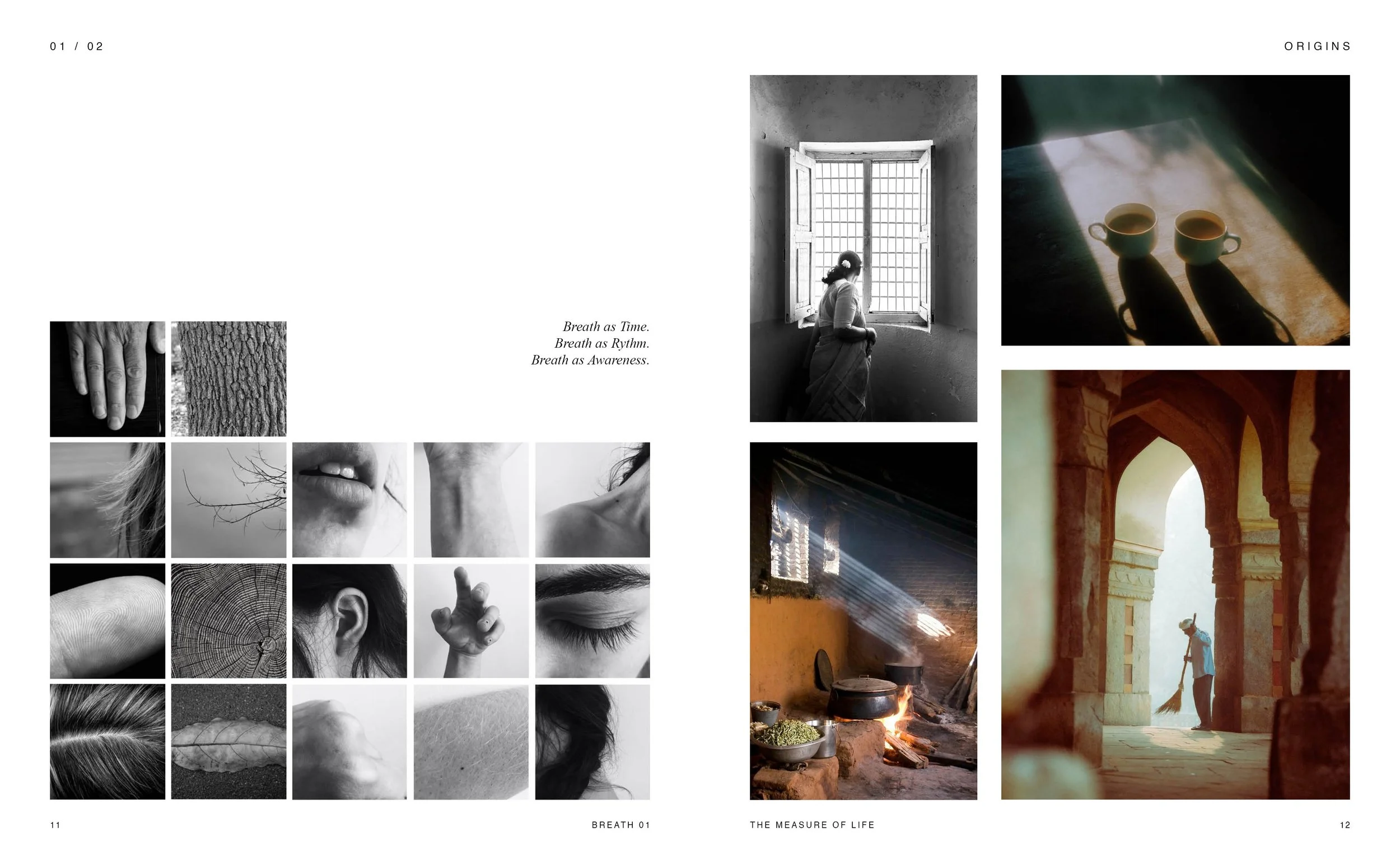 A spread from a book or magazine featuring black and white and color photographs, including a person sitting by a window, cups on a table, architectural arches, and various close-up images of body parts and textures, with text about breath and life.