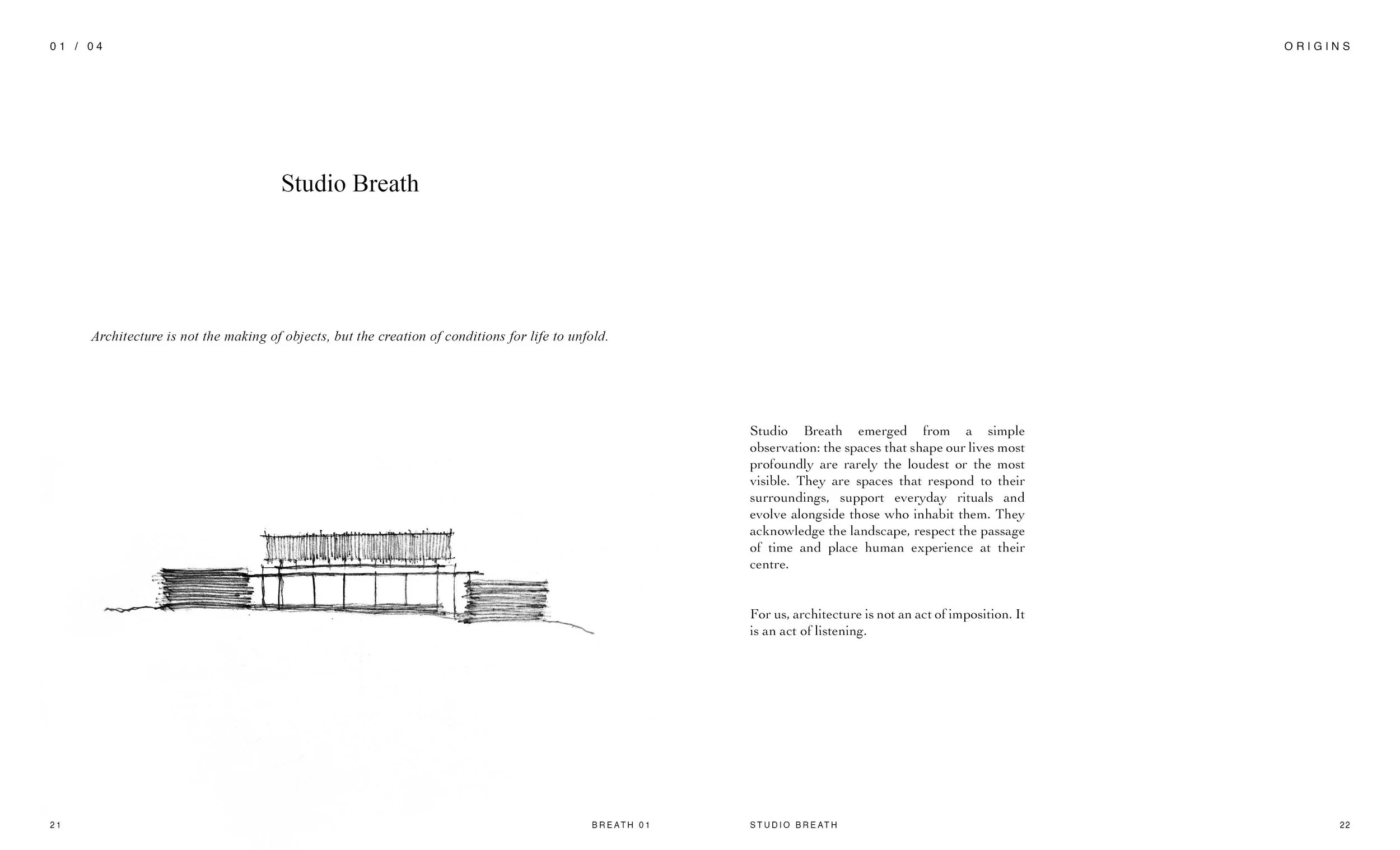 A minimalistic webpage with text about studio breath and architecture, featuring a line drawing of a modern building in the lower left corner.
