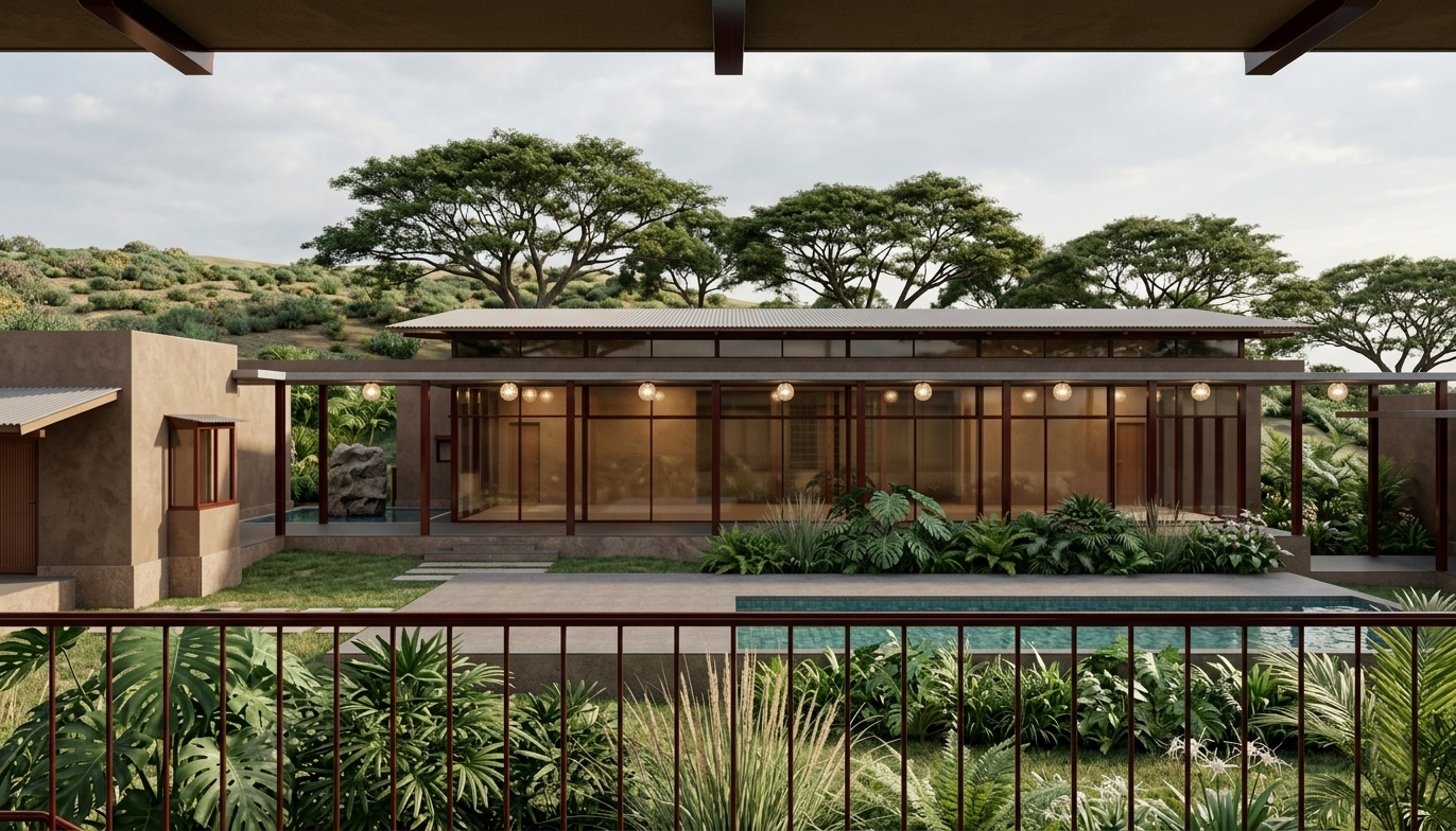 Modern house with large glass windows and a swimming pool, surrounded by lush green plants and trees, under a cloudy sky.