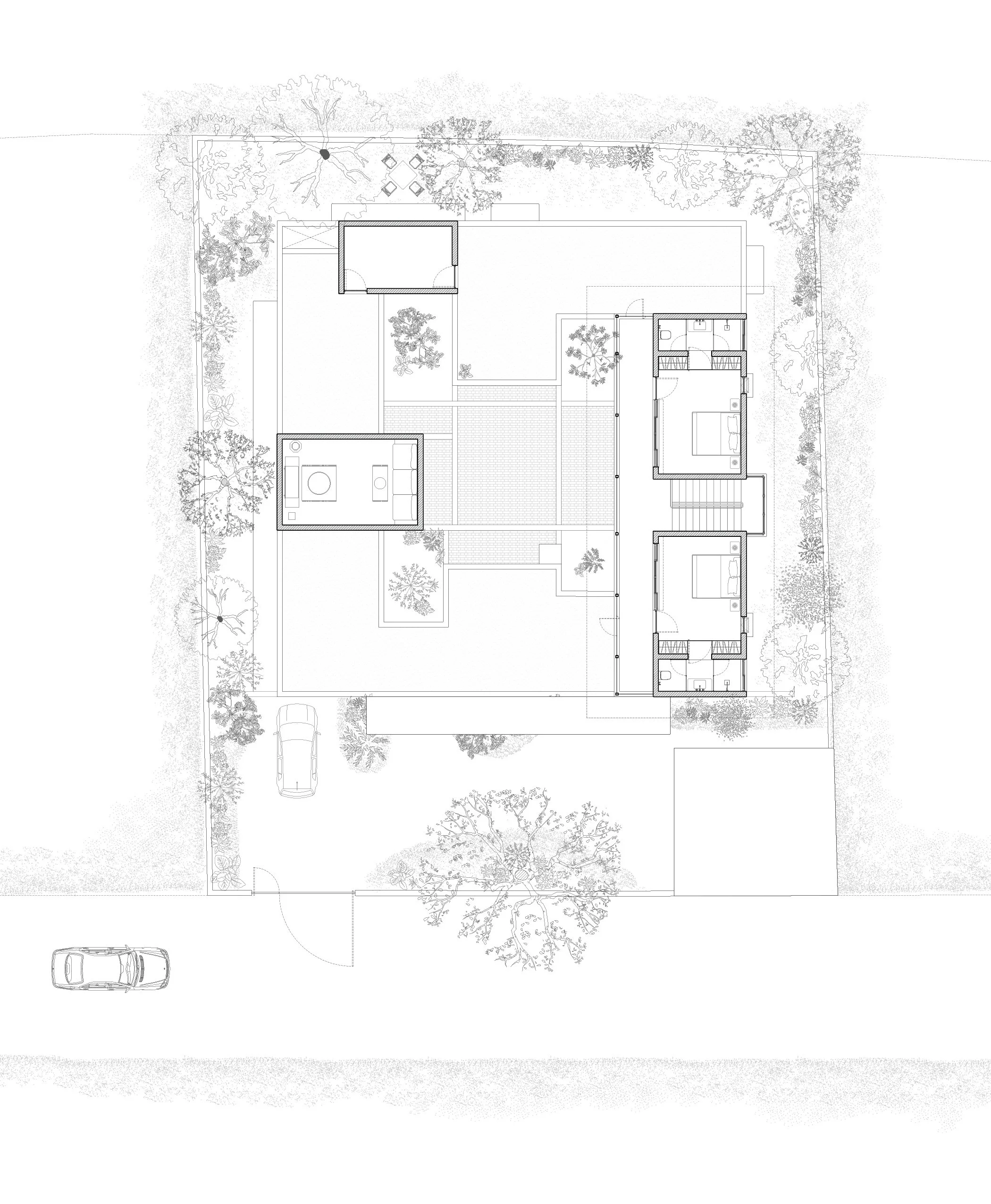 Architectural site plan of a house with surrounding landscape, trees, and outdoor areas, including a driveway and parked cars.
