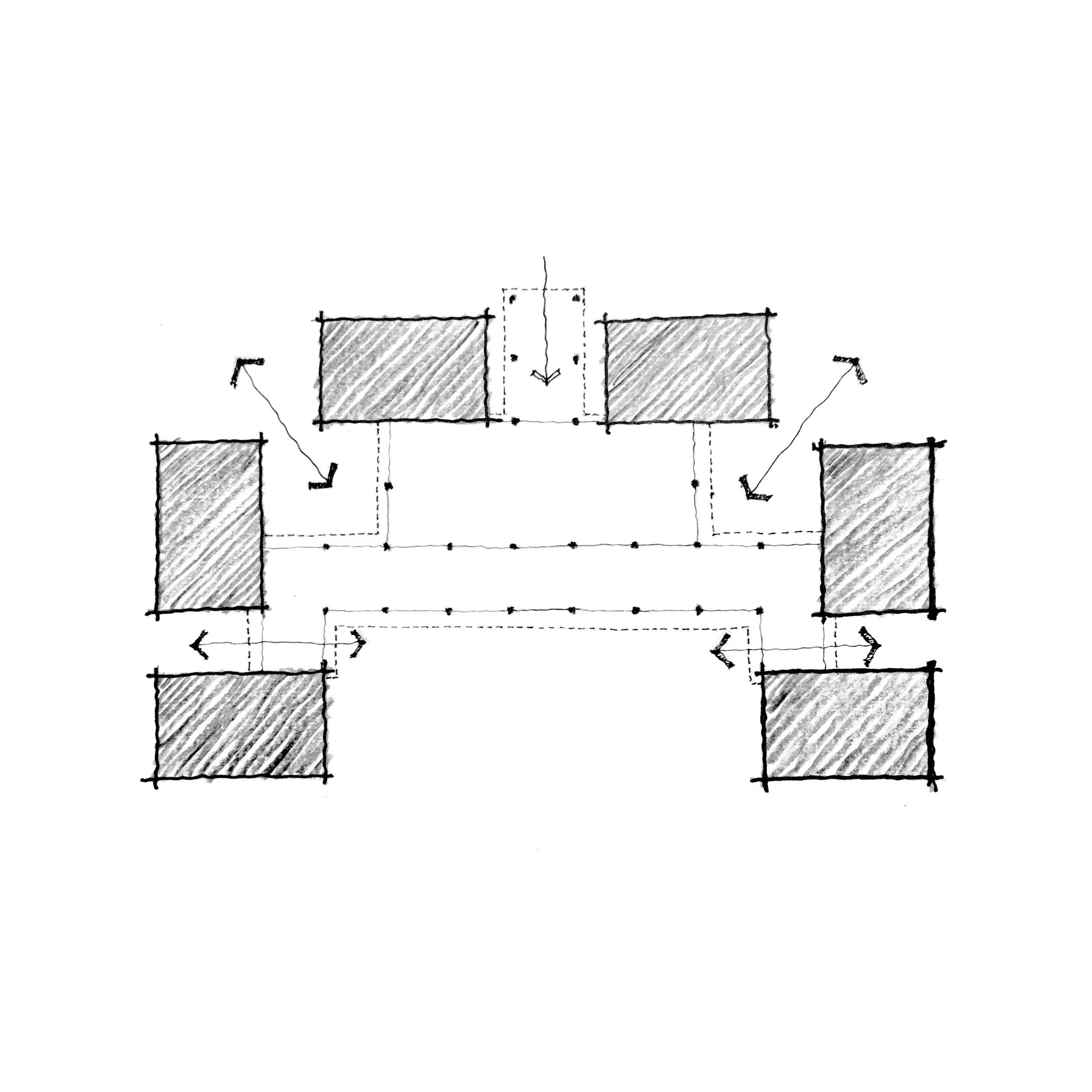 Architectural blueprint sketch showing different sections and measurements of a construction site or building floor plan.