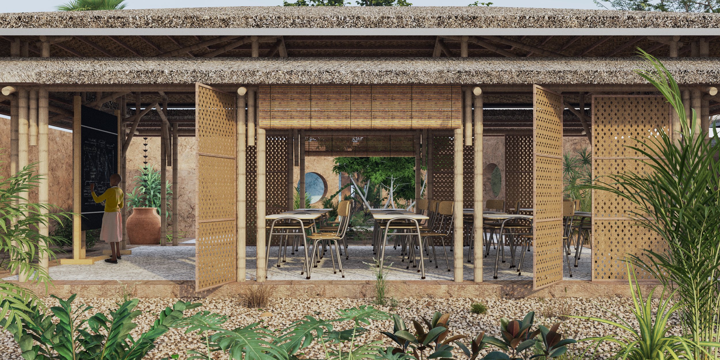 An outdoor covered seating area with wooden and bamboo design, surrounded by plants and greenery, featuring tables and chairs, with a person writing on a blackboard.