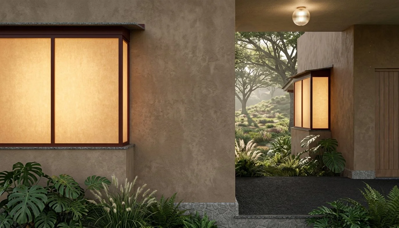 Exterior view of a modern house with warm lit windows, surrounded by lush greenery and trees.