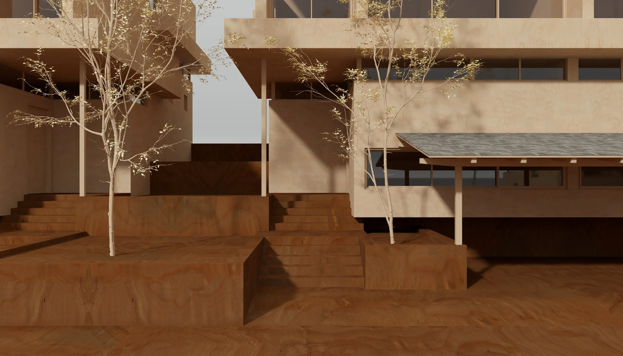 A modern multi-story building with wooden exterior, featuring stairs, large windows, and minimalistic design, surrounded by small trees with sparse leaves.