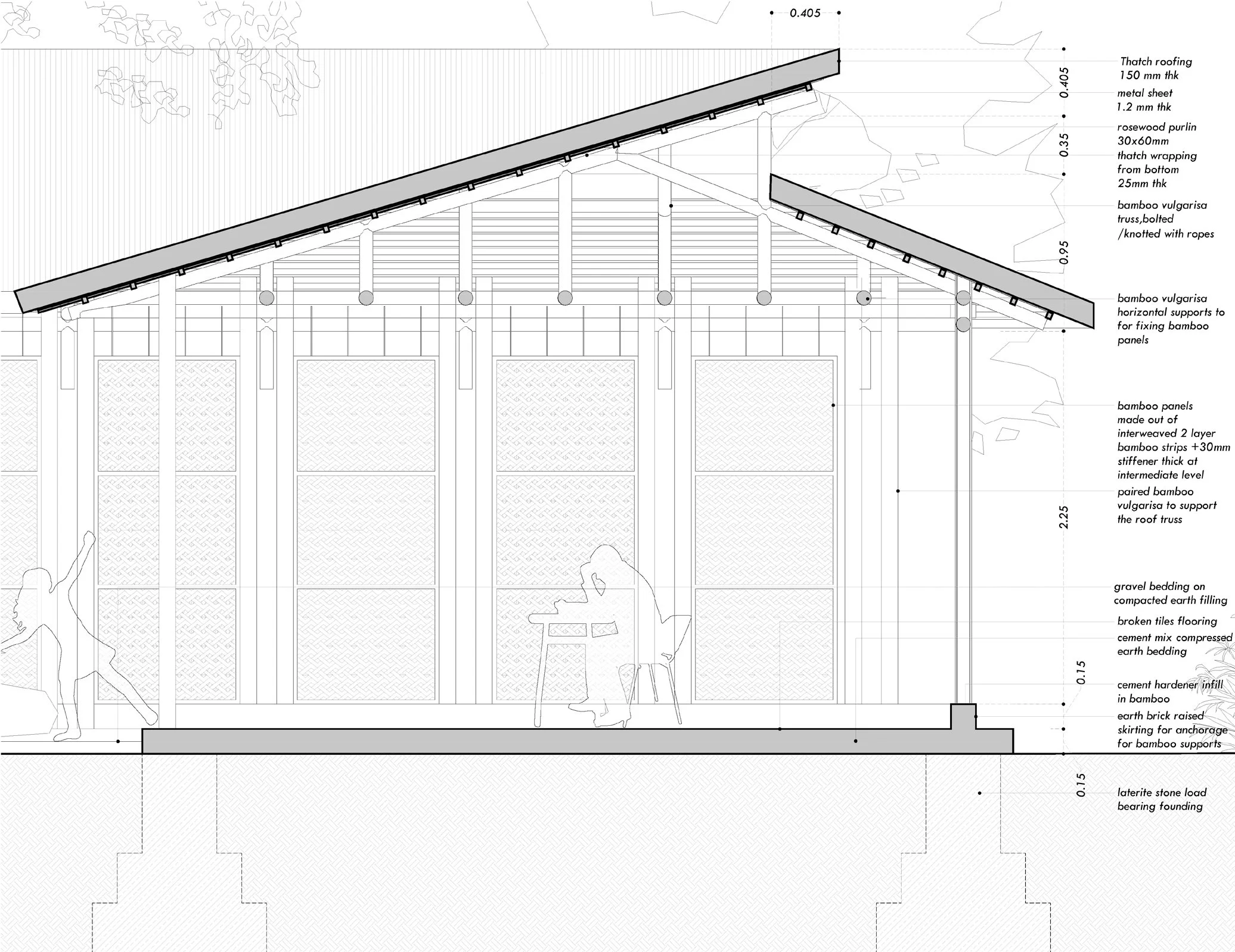 Architectural blueprint of a building roof structure showing bamboo supports, roofing materials, and detailed construction notes.