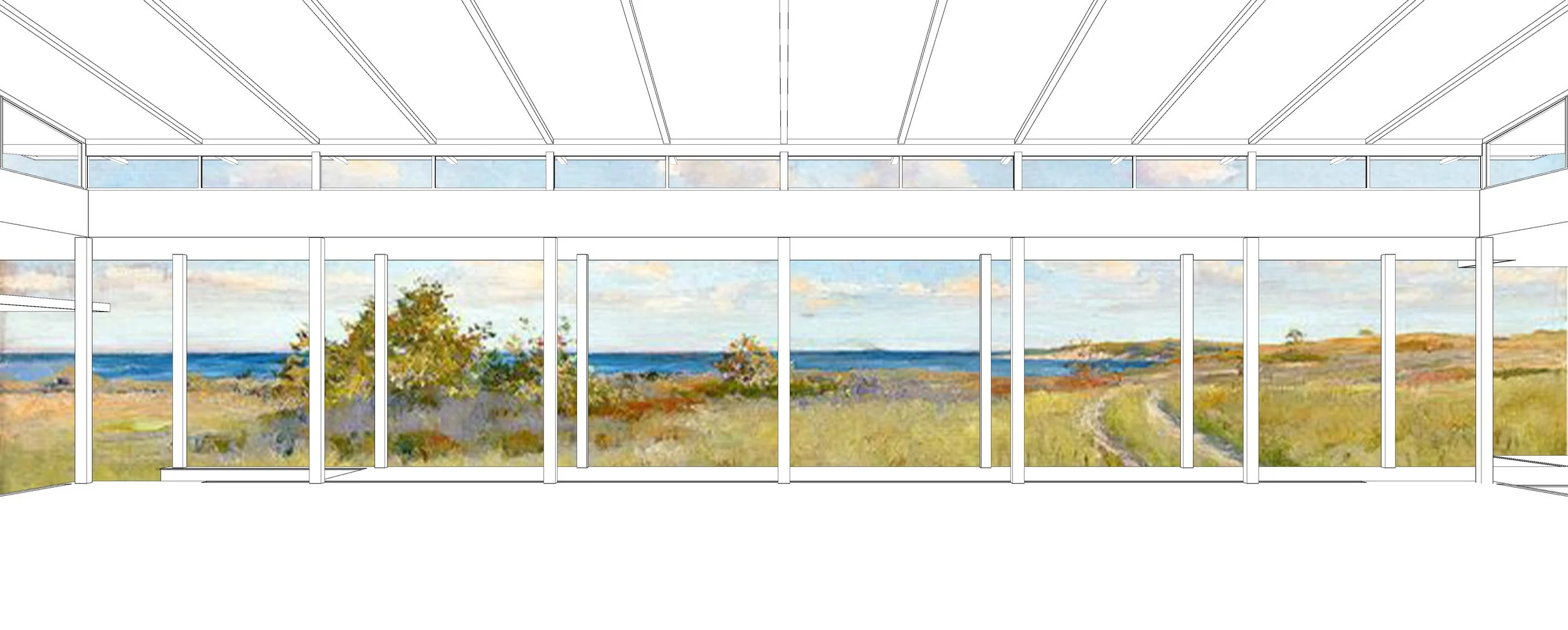 A digital drawing of an interior space with large glass windows and doors offering a view of countryside with trees, grassy fields, and a distant horizon under a partly cloudy sky.