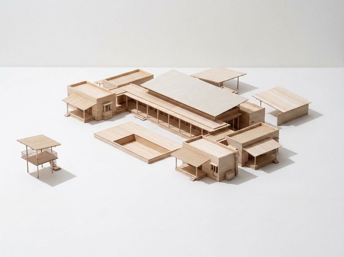 Wooden architectural model of a modern house with multiple levels, flat roofs, and outdoor structures on a white background.