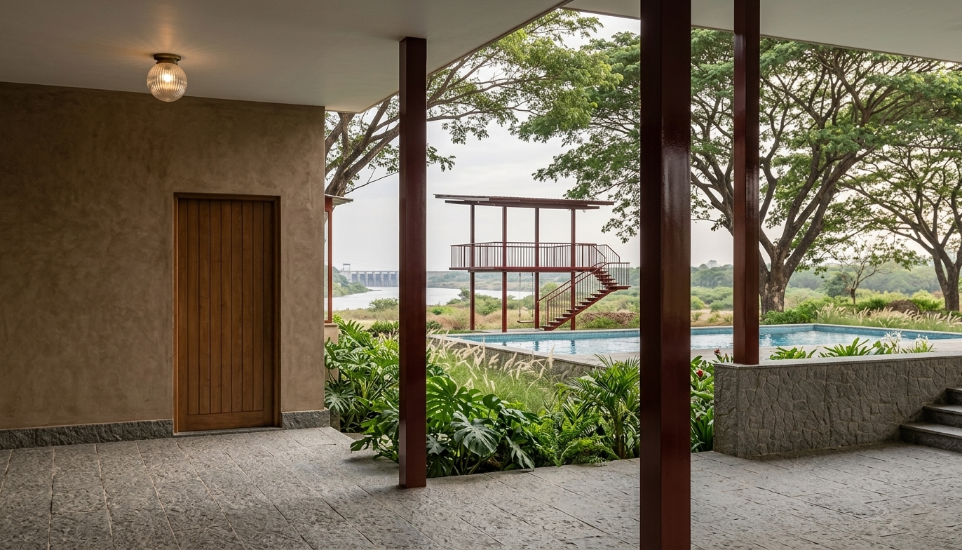 A covered outdoor area with beige walls, a wooden door, stone flooring, and a ceiling light fixture. Beyond the open space, there are lush green trees, a swimming pool, and a wooden deck with stairs leading up to it. In the background, a river and a bridge are visible under a cloudy sky.