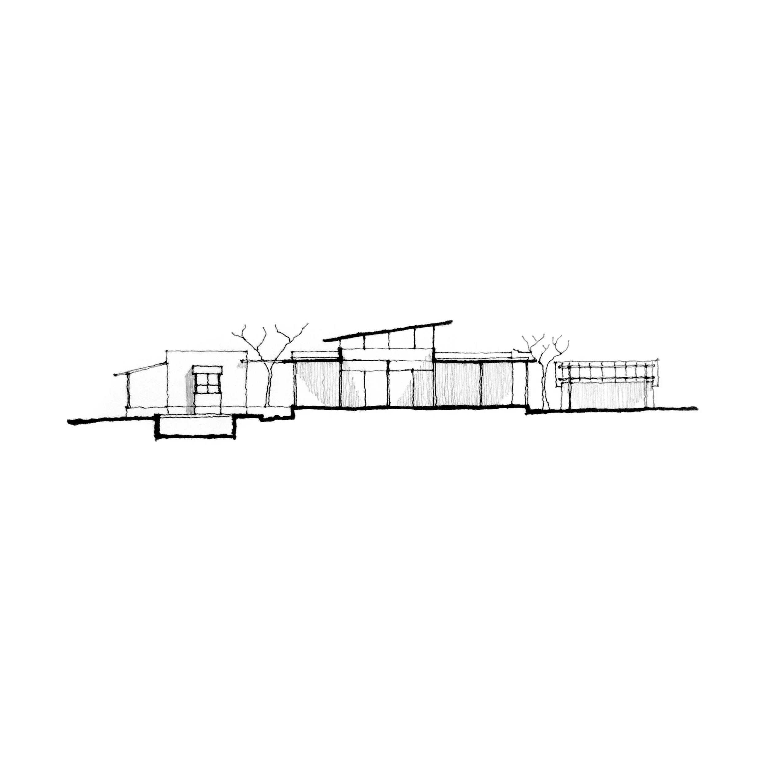 Black and white architectural sketch of a modern building with multiple levels, flat roofs, large windows, and surrounding trees.