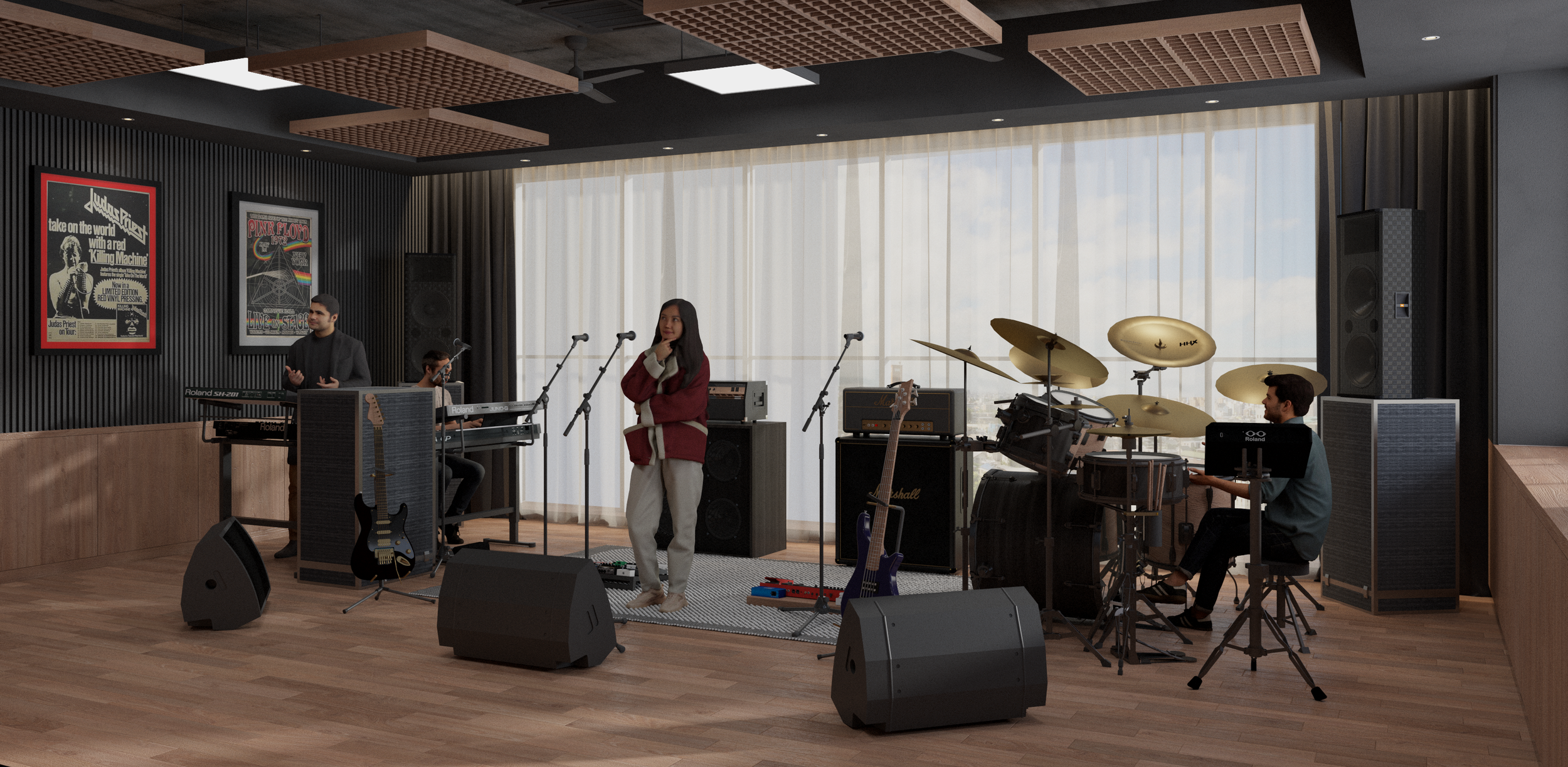 A band rehearsal space with four musicians preparing for a performance. There is a woman standing in the center wearing a red jacket and white pants, with her hand on her chin. To her left, one man is sitting at a keyboard, and another is standing, speaking with his hands. To her right, a man is sitting at a drum set with cymbals, and a guitar is standing next to him. The room has wooden floors, soundproofing panels on the wall, and posters. Large windows with white curtains let in natural light.