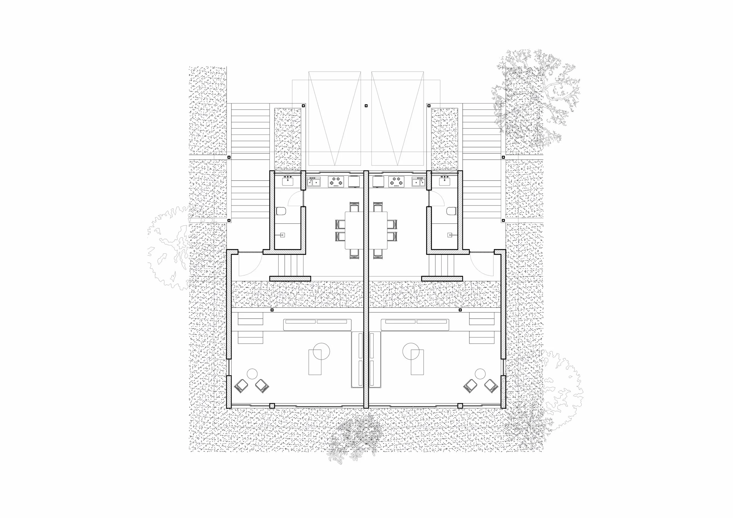 Architectural floor plan of a residential building with outdoor areas, revealing rooms, furniture, and landscape elements.
