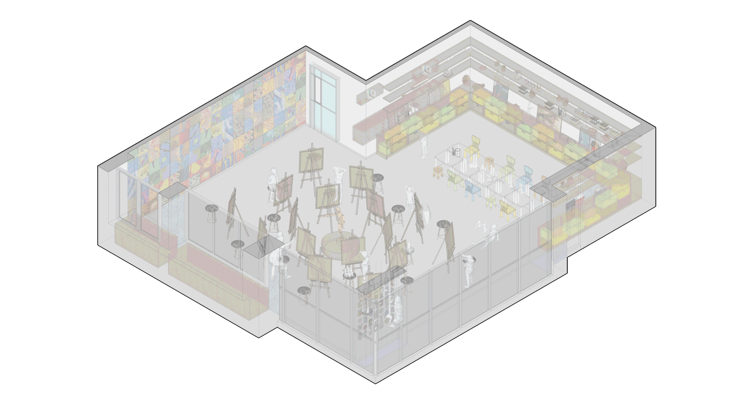 A 3D isometric view of a modern art classroom with easels, paintings, tables, and colorful storage cabinets.