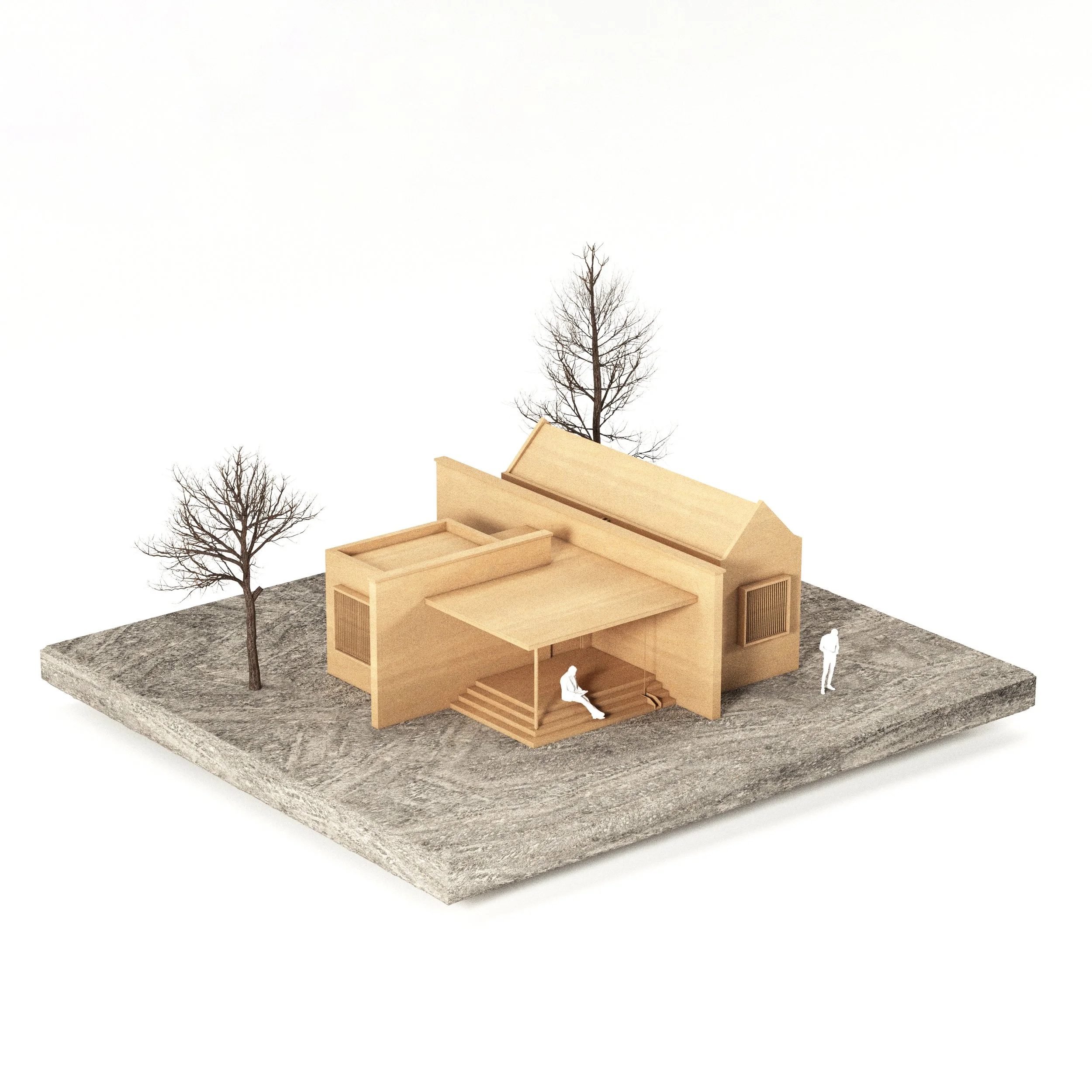 Architectural model of a modern wooden house with geometric design, trees, and miniature people, on a textured base.