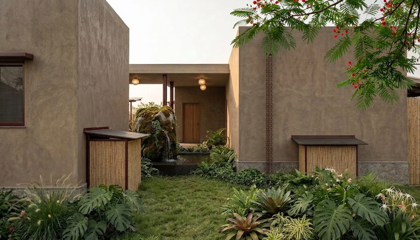 A modern house with beige walls, surrounded by lush green plants, a small water fountain, and outdoor lighting fixtures.
