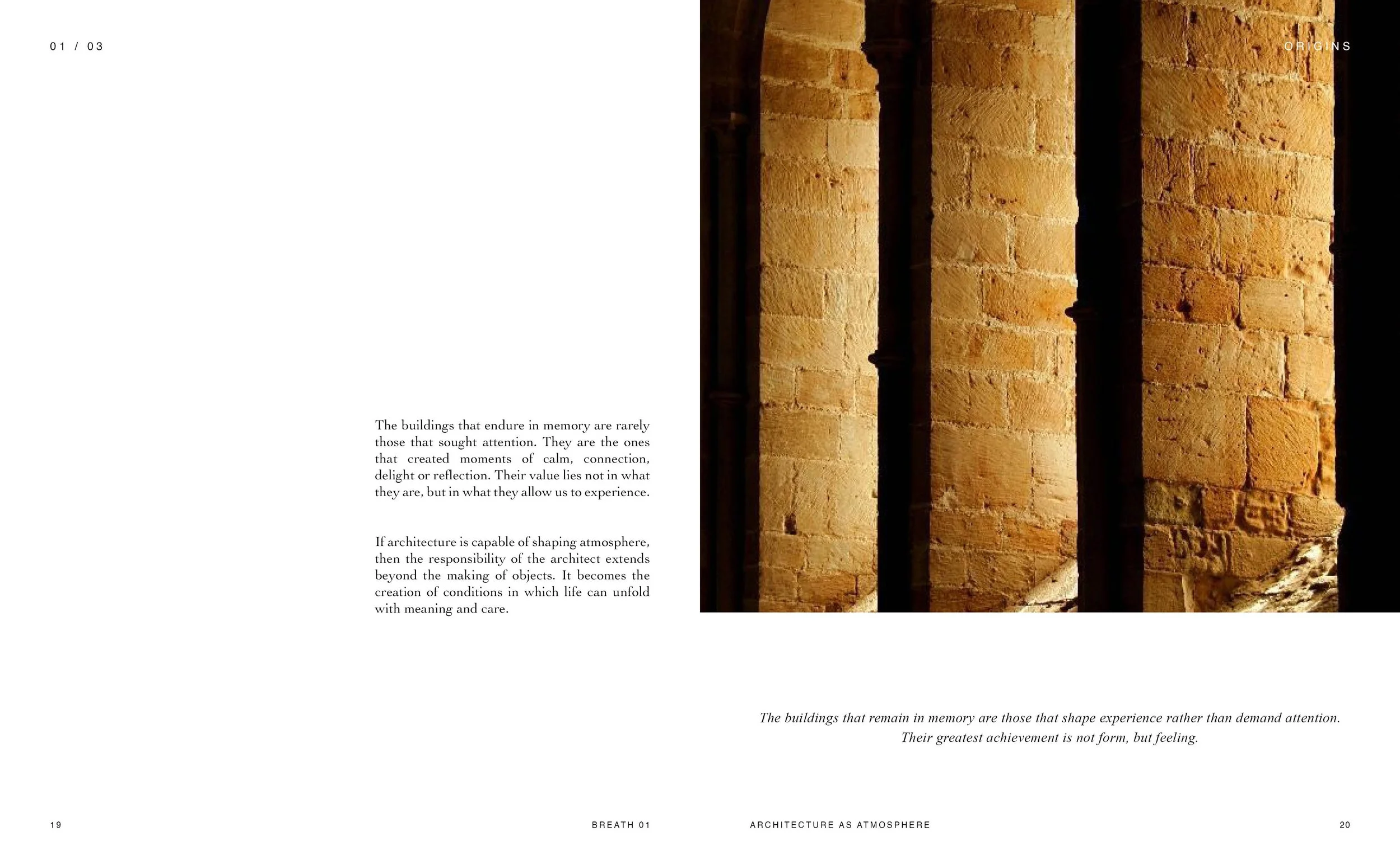 Pages from a book or magazine showing a photograph of a yellow brick wall with dark vertical supports, with text discussing architecture and memory.