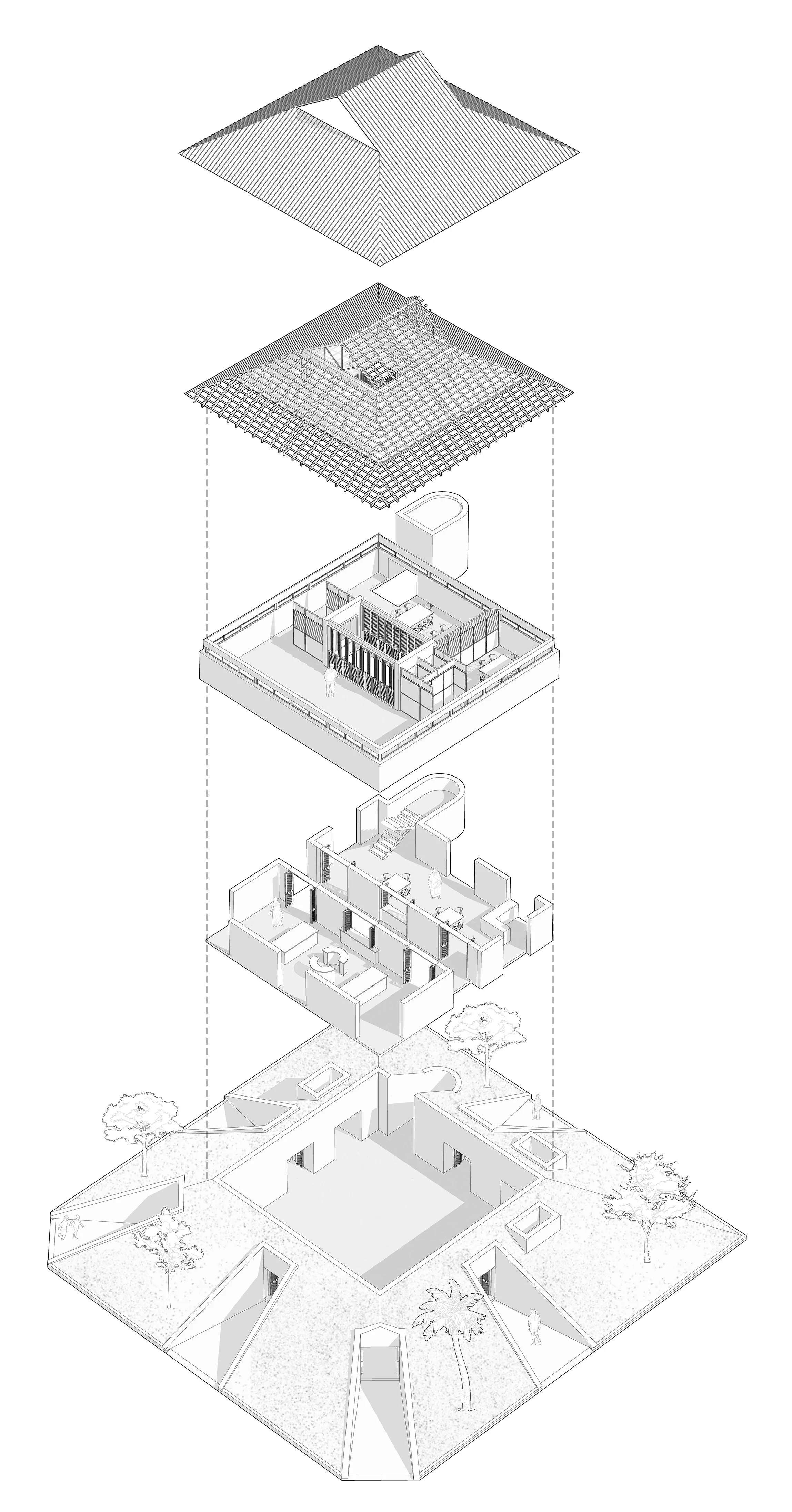 An architectural exploded diagram of a multi-level building showing its foundation, ground floor, interiors, upper floors, roof, and external landscape with trees.