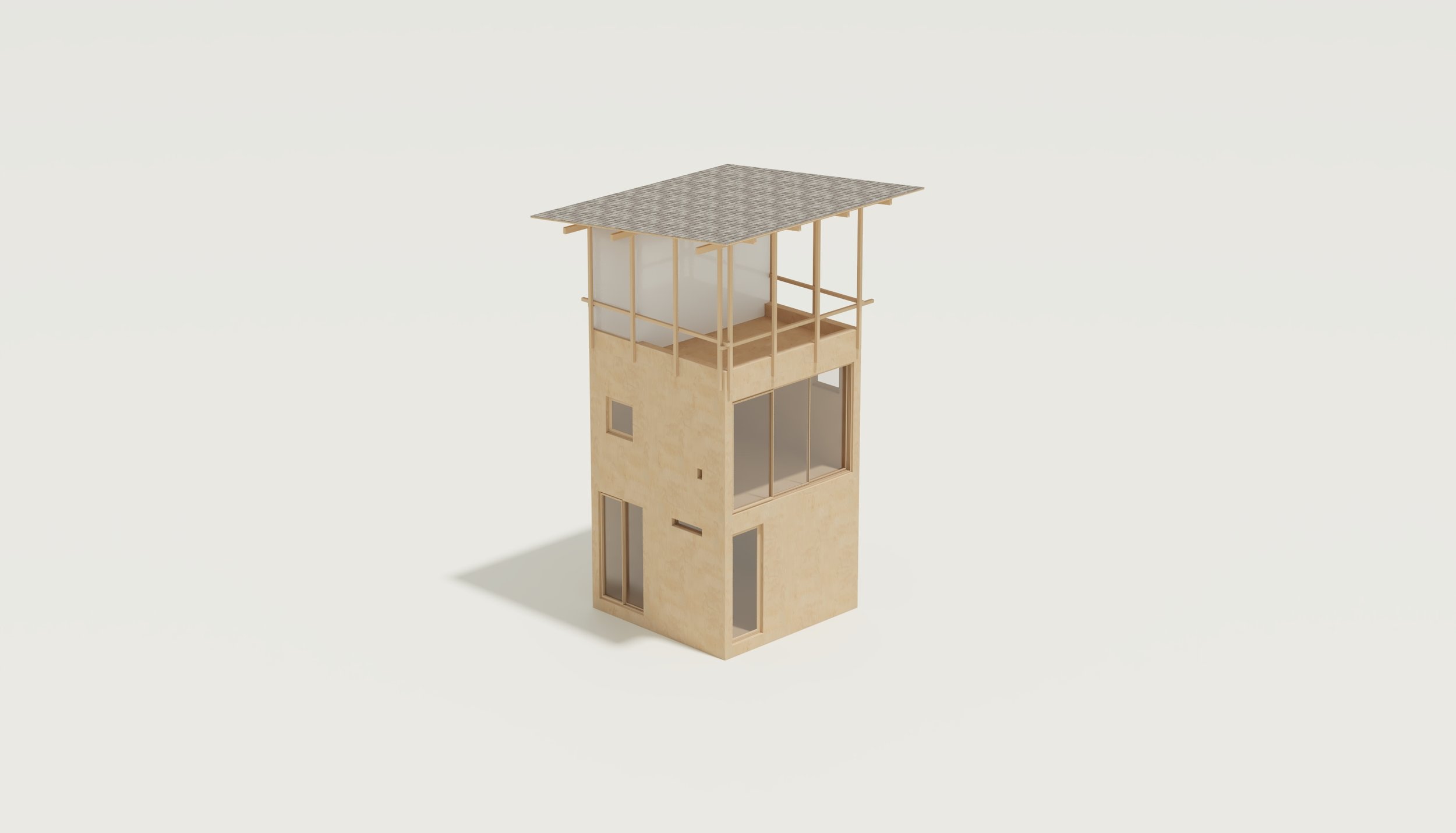 A small architectural model of a two-story building with a rooftop balcony, large windows, and a wooden frame structure.