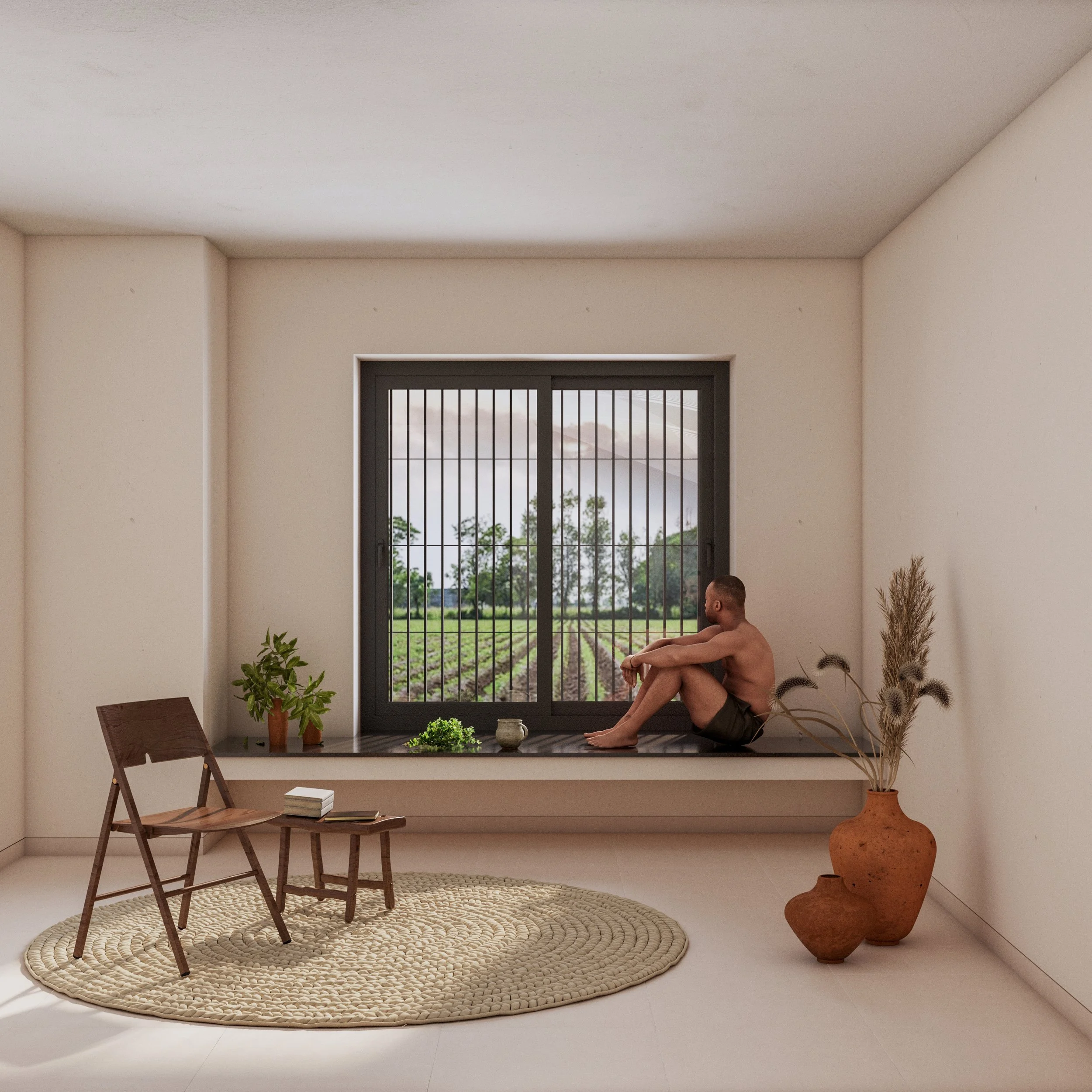 A man sitting shirtless on a window seat in a minimalistic room, looking out at a field of crops and trees through barred window.
